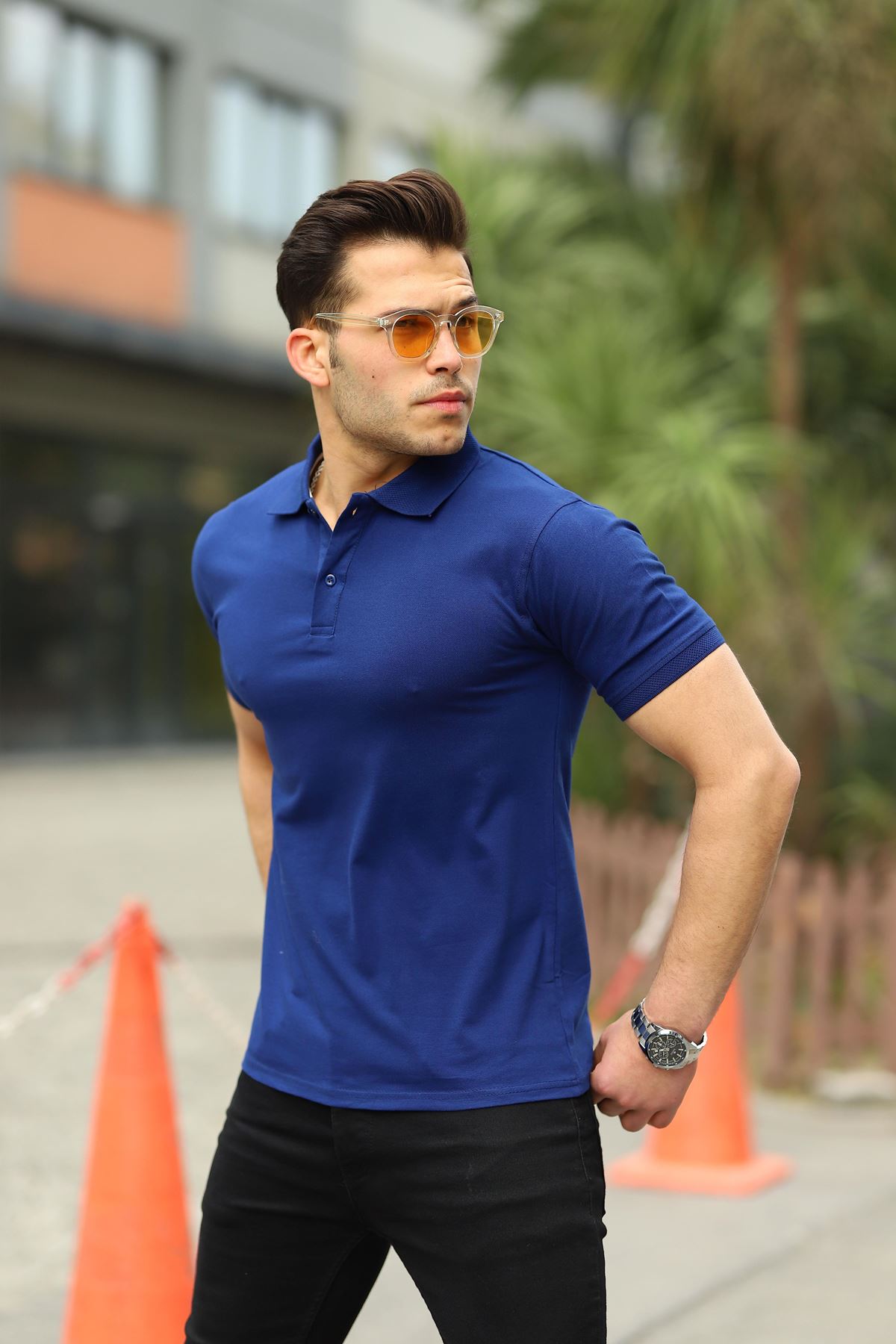 Erkek Kıvrılmaz Polo Yaka Cepsiz Slim Fit Dar Kesim Düz T-Shirt LACİVERT