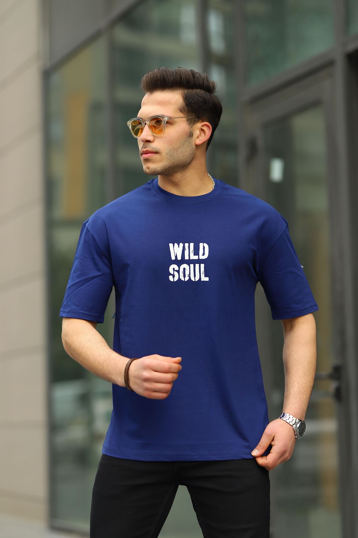 Erkek Wild Soul Baskılı Oversize Tshirt LACİVERT
