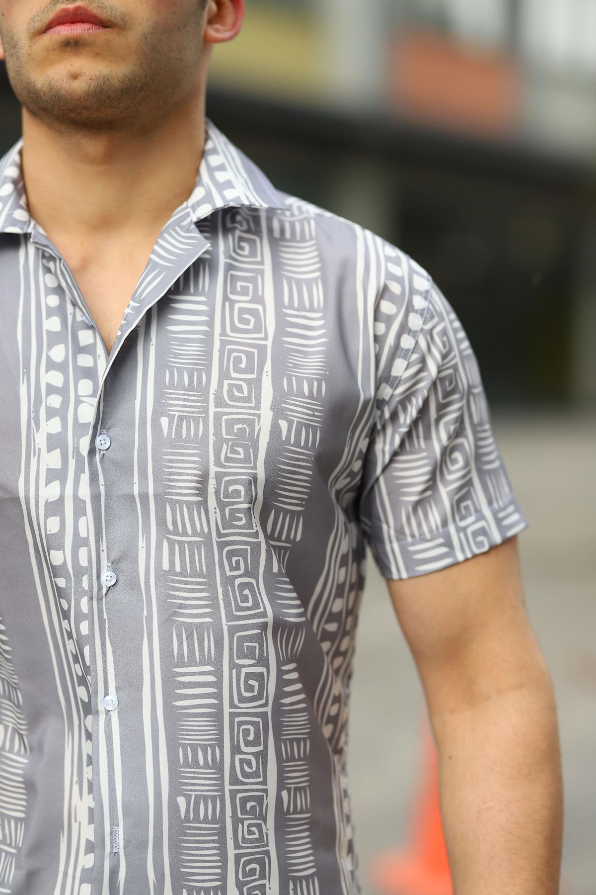Erkek Çok Renkli Yazlık Slim Fit Gömlek Yaka Kısa Kollu Etnik Gömlek GRİ