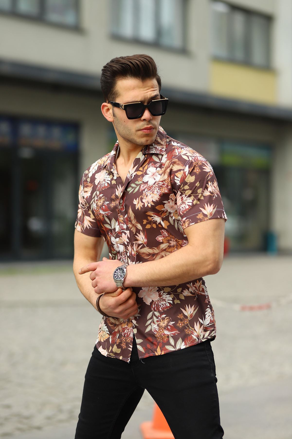 Erkek Çok Renkli Yazlık Slim Fit Gömlek Yaka Kısa Kollu Etnik Gömlek KAHVE