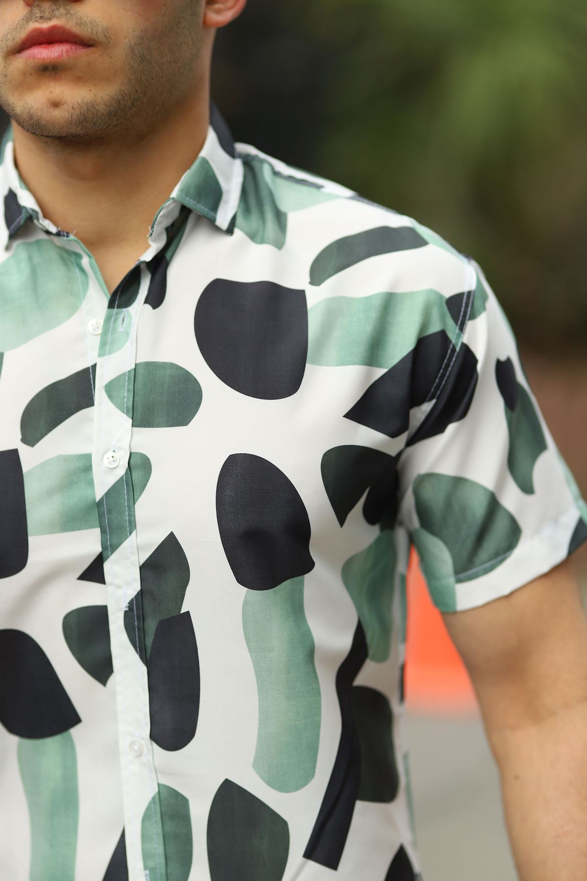 Erkek Çok Renkli Yazlık Slim Fit Gömlek Yaka Kısa Kollu Etnik Gömlek SU YEŞİLİ