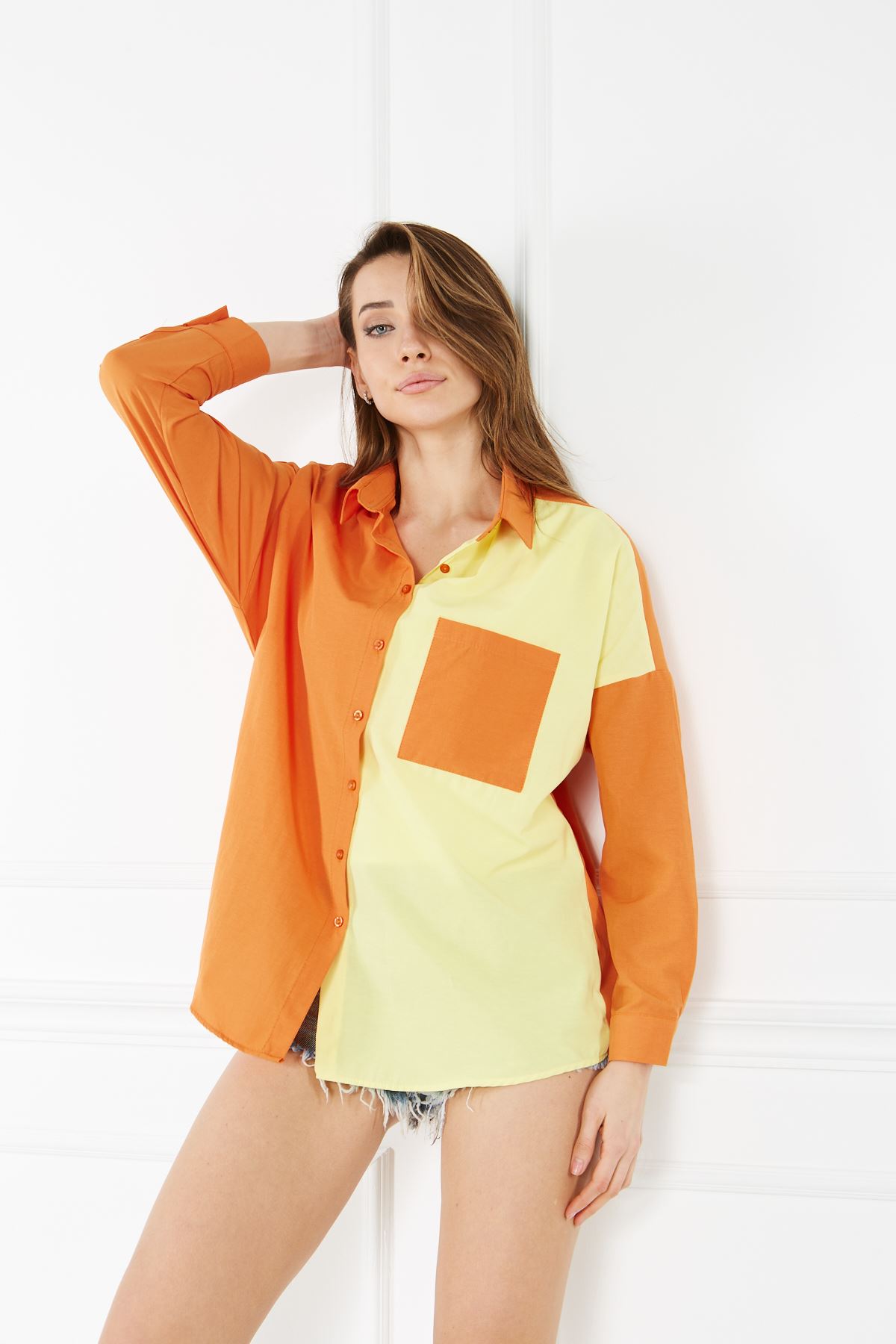 Kadın Blok Renkli Oversize Çift Renk Poplin Gömlek Turuncu