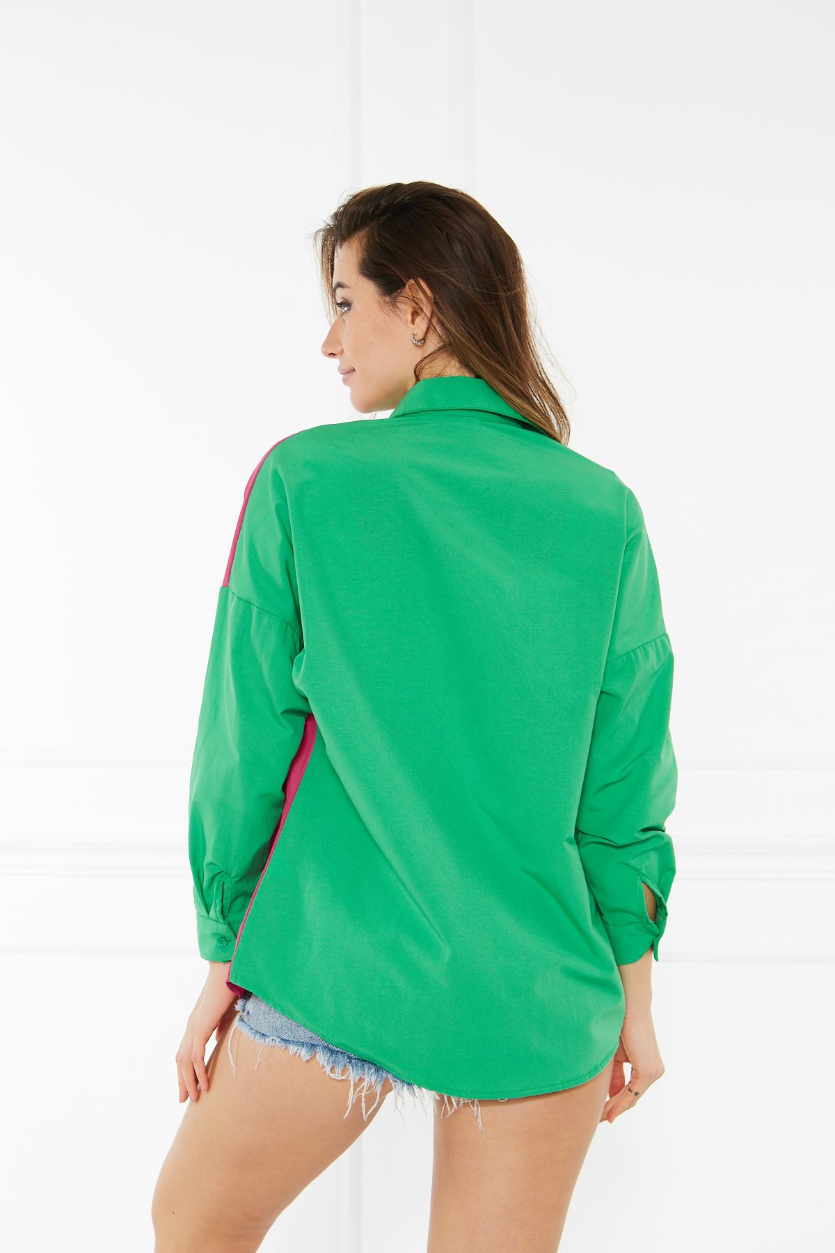 Kadın Blok Renkli Oversize Çift Renk Poplin Gömlek YEŞİL