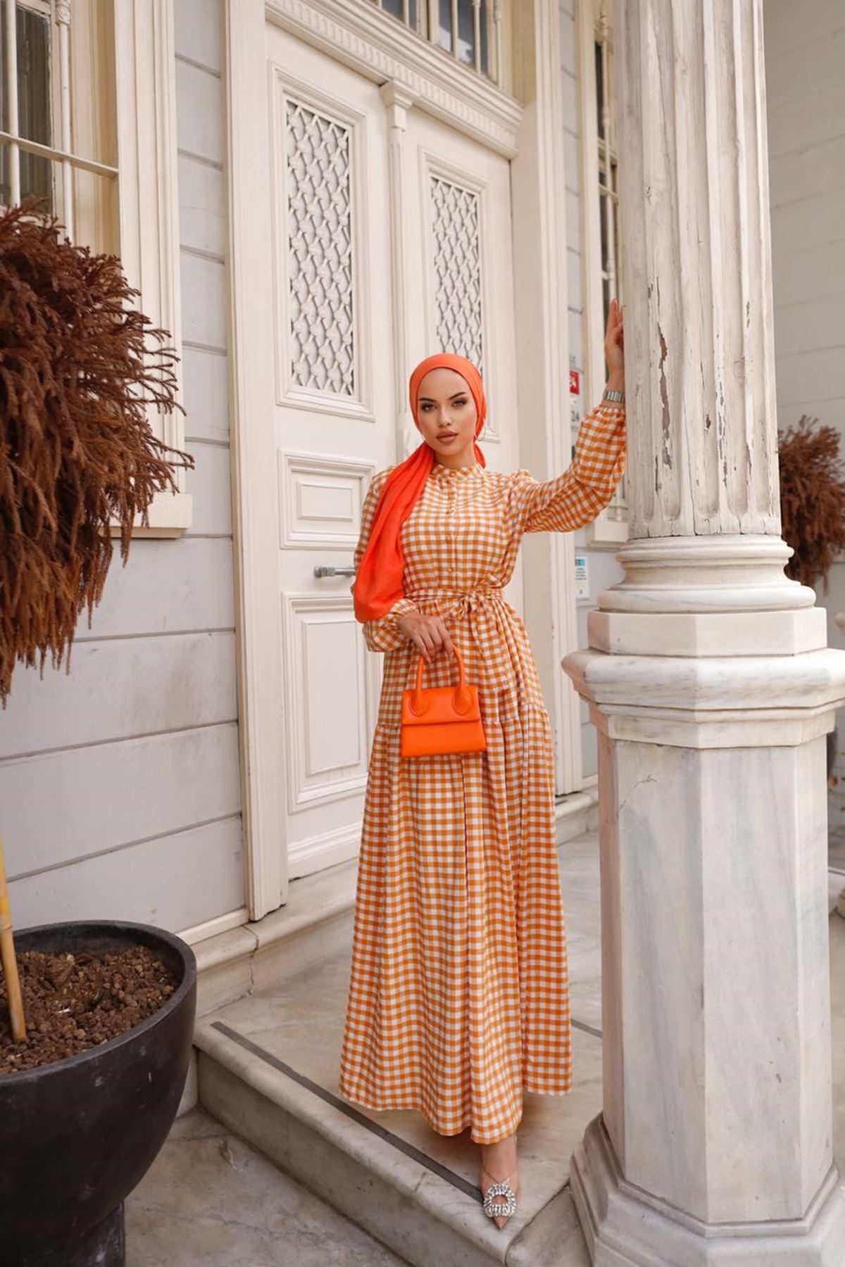 Kadın Kare Desenli Kol Büzgülü Elbise Turuncu