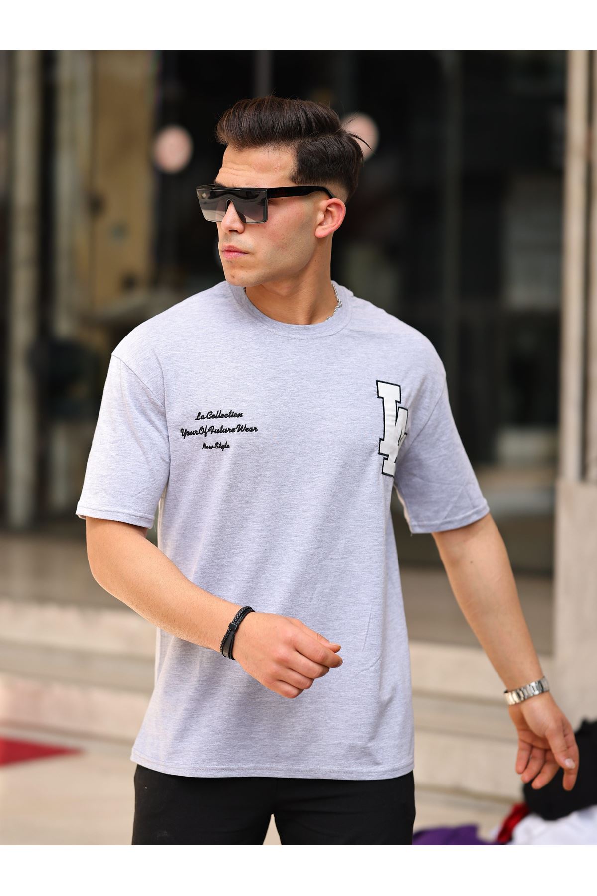 Erkek Oversize T-Shirt Nakışlı LA GRİ