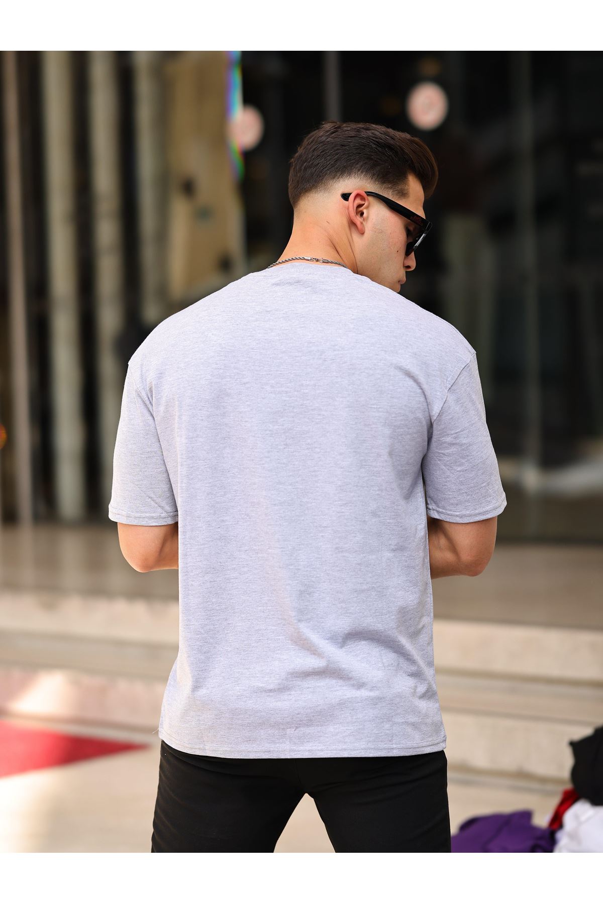 Erkek Oversize T-Shirt Nakışlı LA GRİ