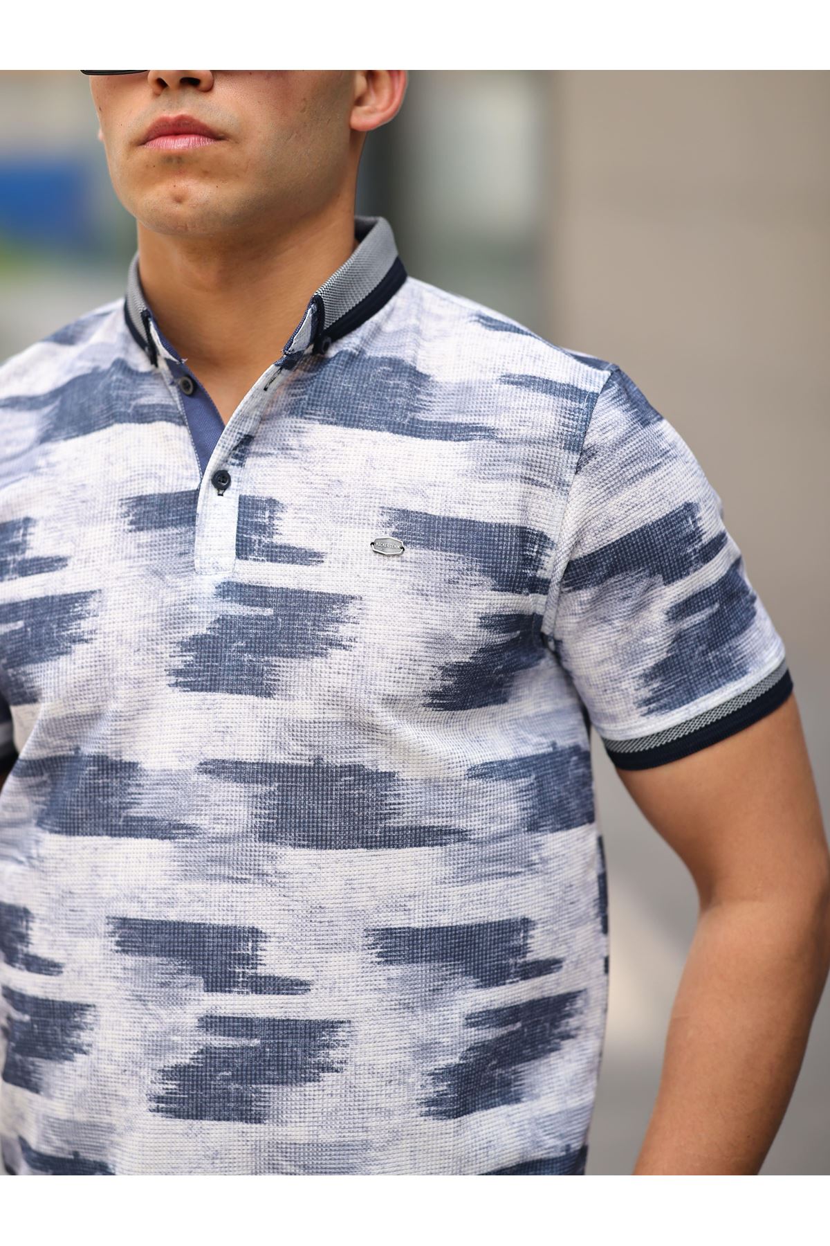 Erkek Kıvrılmaz Polo Yaka Cepsiz Slim Fit Desenli T-Shirt LACİVERT