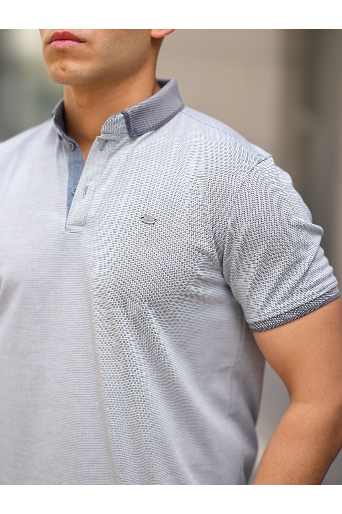 Erkek Kıvrılmaz Polo Yaka Cepsiz Slim Fit Desenli T-Shirt FÜME