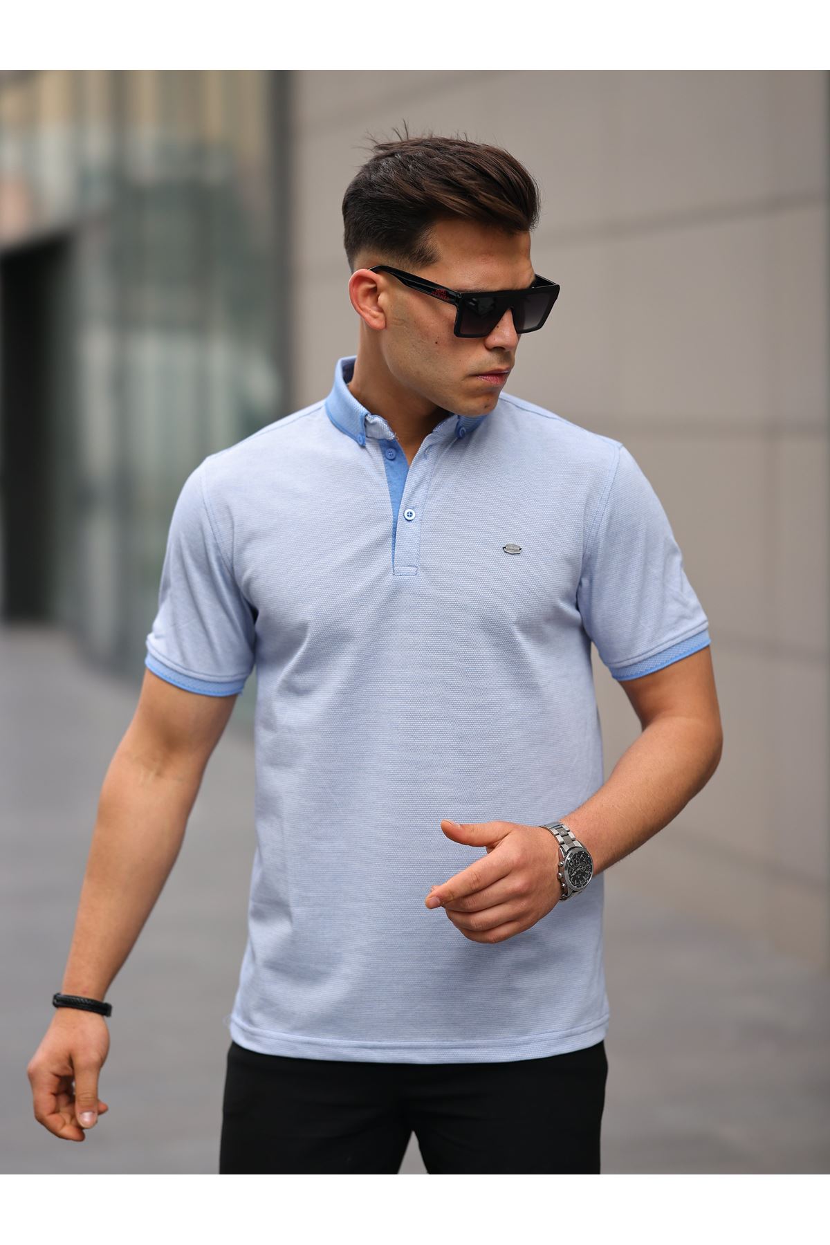Erkek Kıvrılmaz Polo Yaka Cepsiz Slim Fit Desenli T-Shirt MAVİ