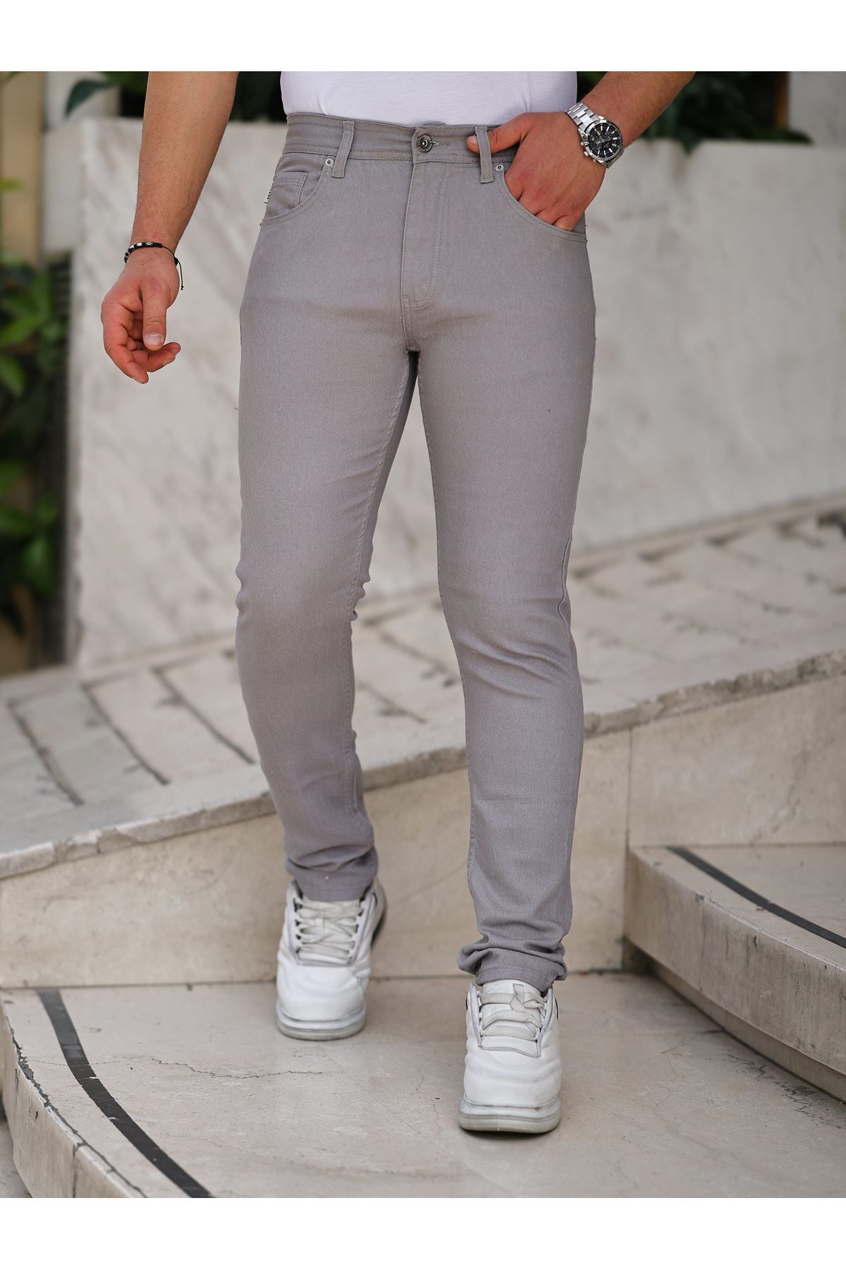 Erkek Yüksel Bel Bol Kesim Boru Paça Kot Pantolon Regular Fit Jean GRİ