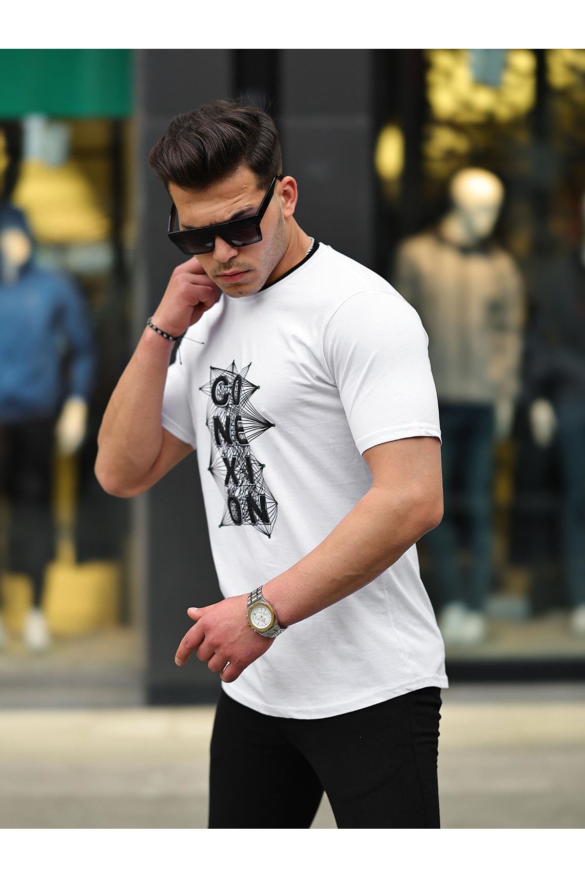 Erkek Slim Fit Nakış Desenli T-Shirt BEYAZ