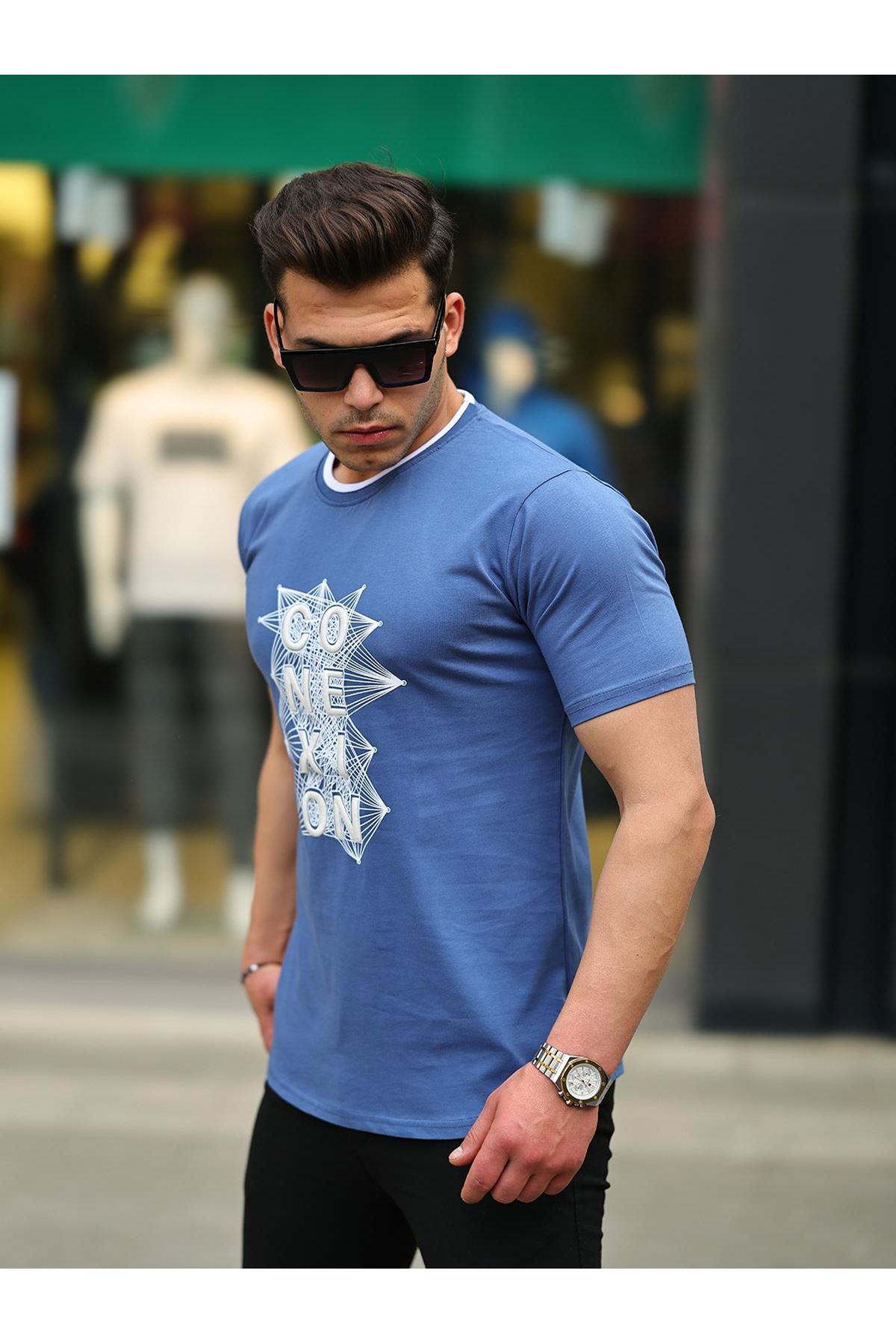 Erkek Slim Fit Nakış Desenli T-Shirt İNDİGO