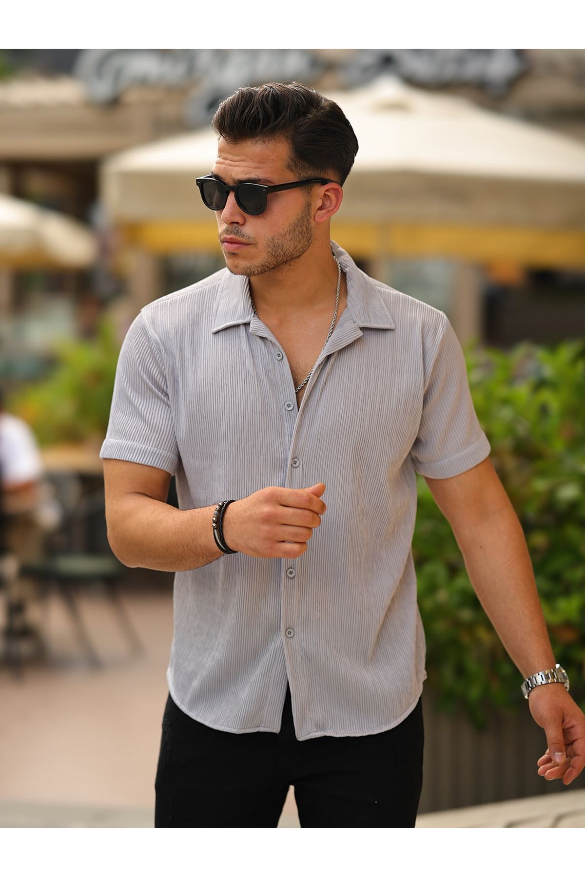 Erkek Yazlık Likralı Slim Fit Gömlek Yaka Kısa Kollu Gömlek GRİ