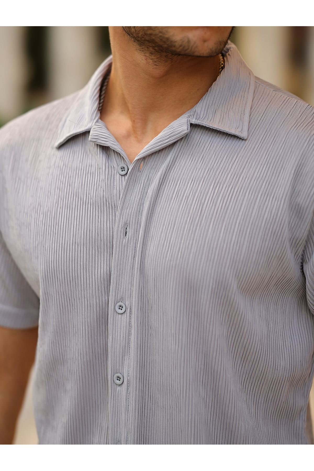 Erkek Yazlık Likralı Slim Fit Gömlek Yaka Kısa Kollu Gömlek GRİ