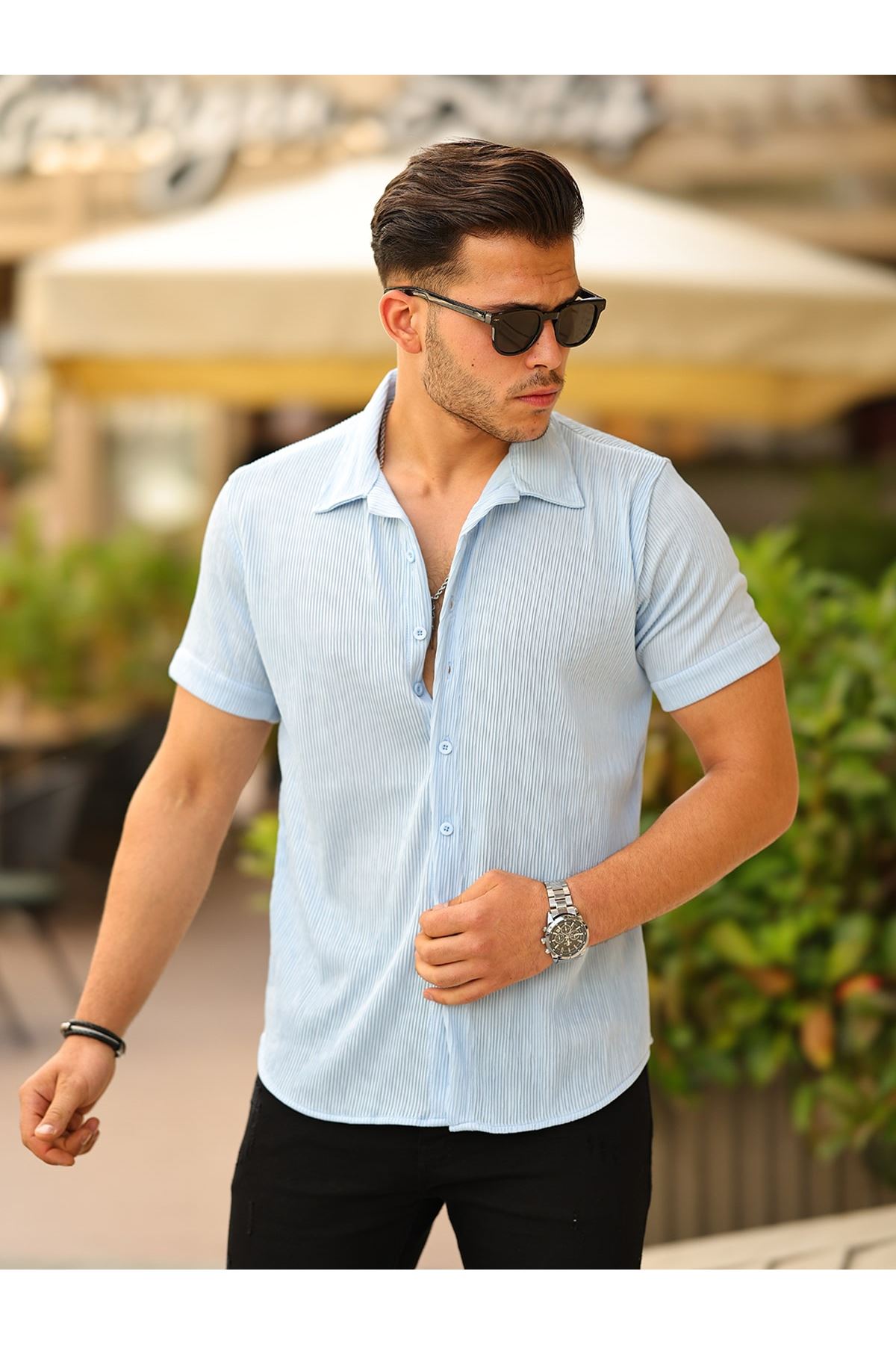 Erkek Yazlık Likralı Slim Fit Gömlek Yaka Kısa Kollu Gömlek BUZ MAVİ