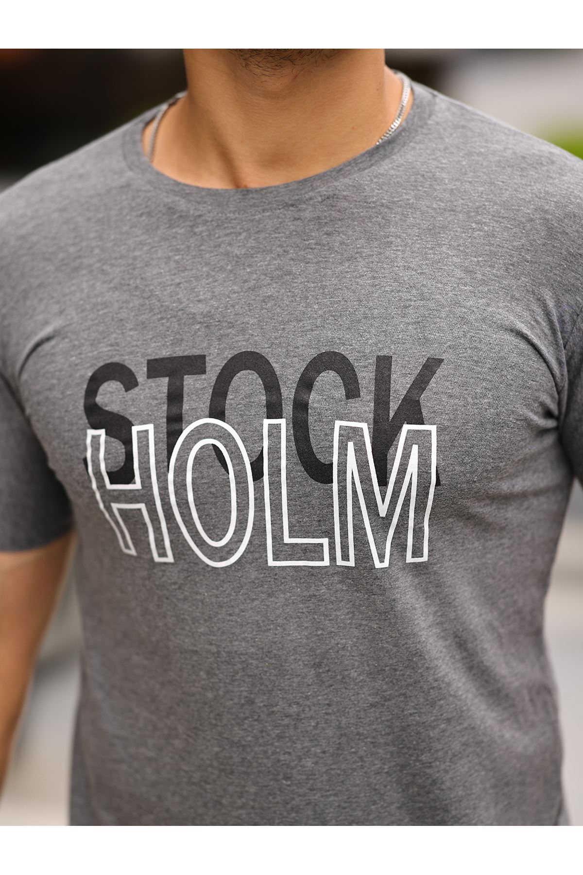 Stockholm Baskılı Sıfır Yaka T-Shirt FÜME