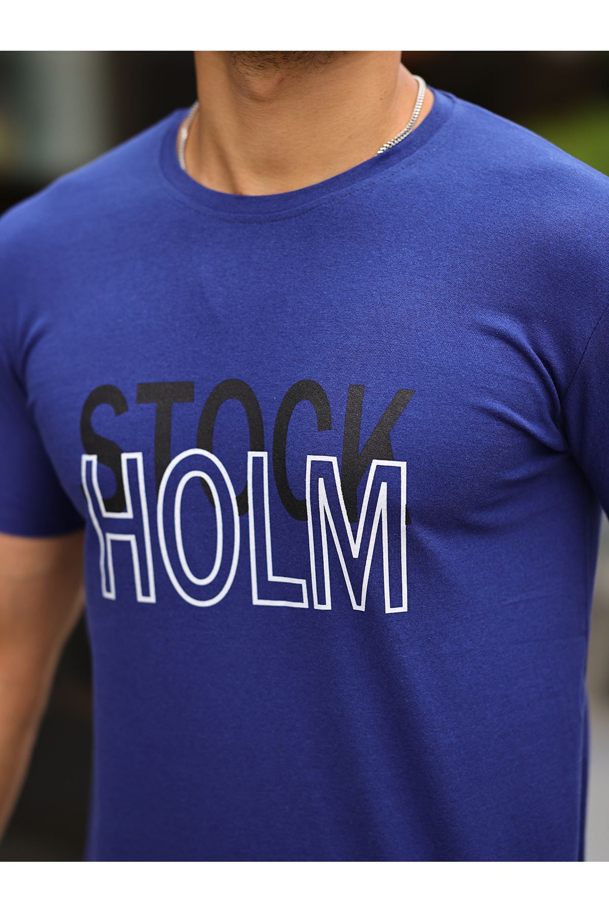 Stockholm Baskılı Sıfır Yaka T-Shirt LACİVERT