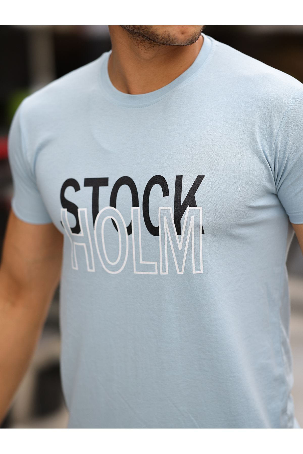 Stockholm Baskılı Sıfır Yaka T-Shirt BUZ MAVİ
