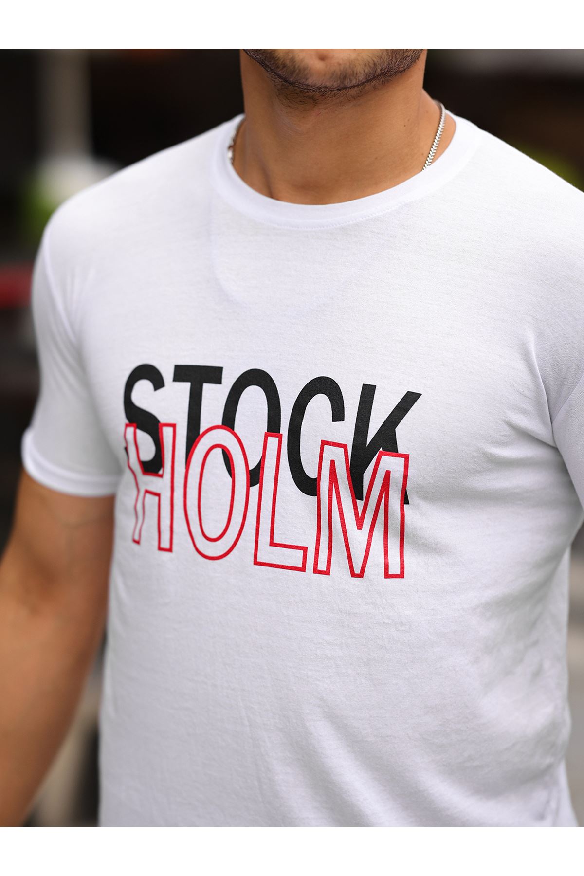 Stockholm Baskılı Sıfır Yaka T-Shirt BEYAZ