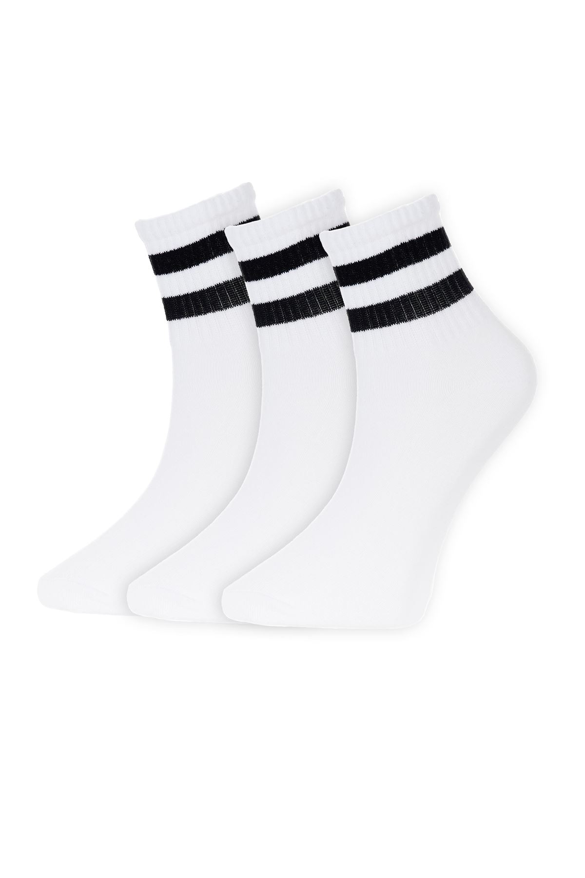 Siyah/beyaz Çemberli 3 Çift Ekonomik Paket Kısa Tenis Çorap BEYAZ