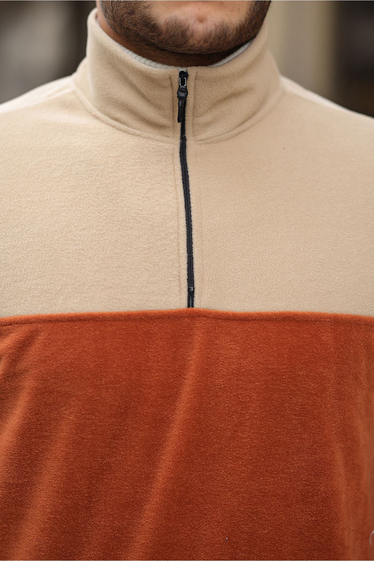 Yarım Fermuarlı Üç Renk Polar Sweatshirt BEJ