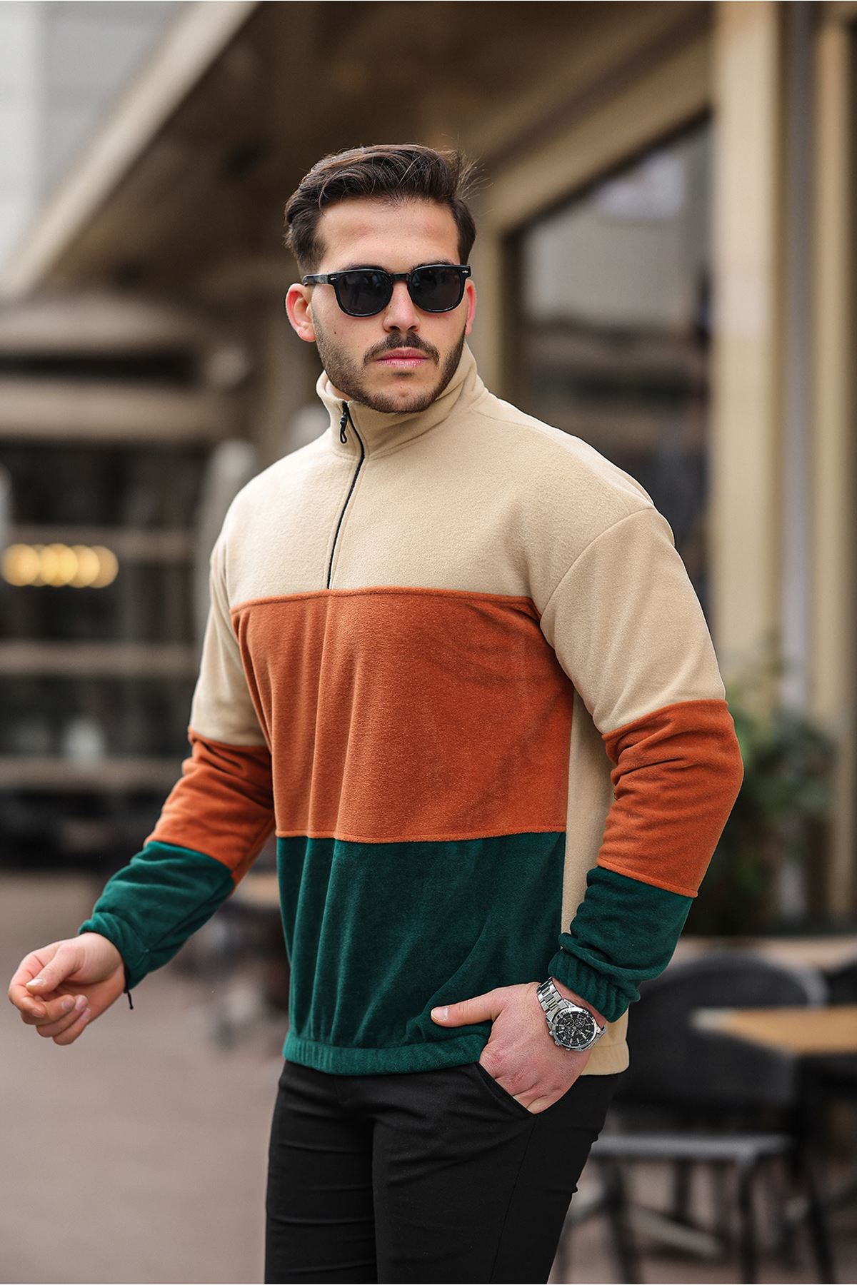Yarım Fermuarlı Üç Renk Polar Sweatshirt BEJ