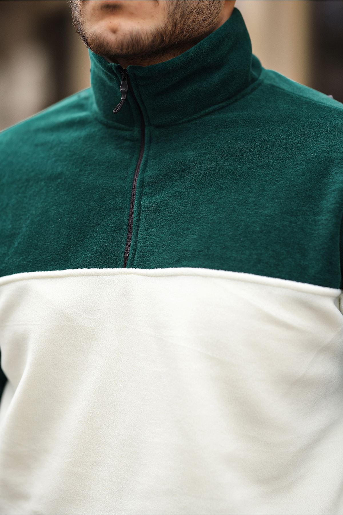 Yarım Fermuarlı Üç Renk Polar Sweatshirt ZÜMRÜT
