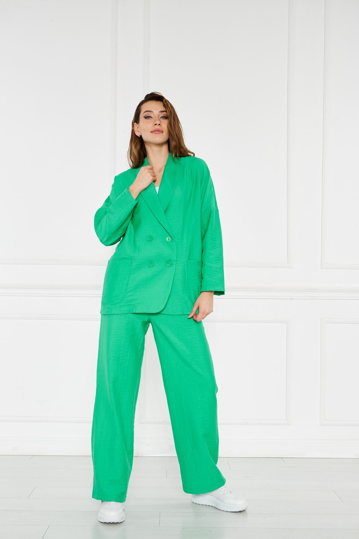 Kadın Oversize Ceket Bol Pantolon Yeşil İkili Takım