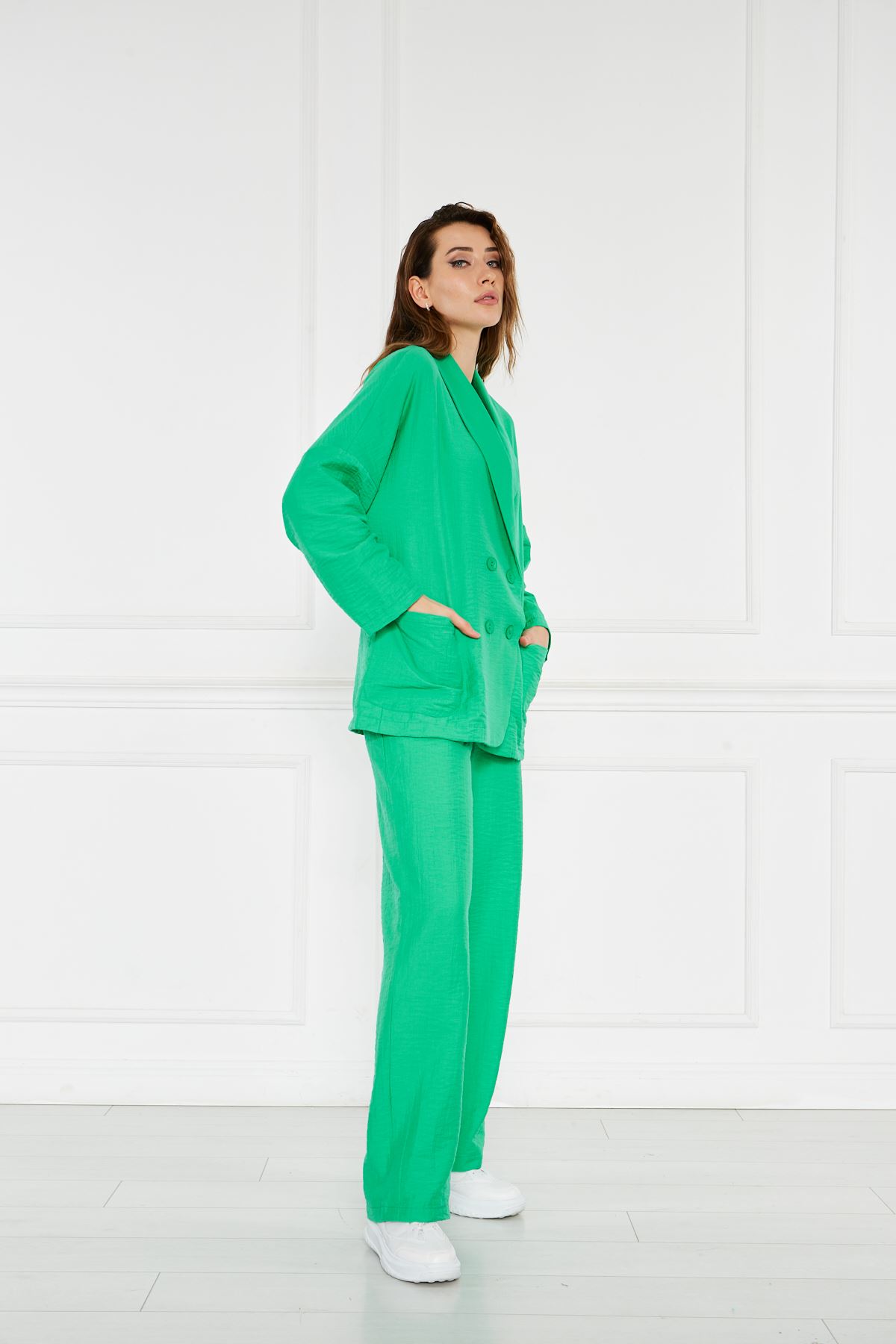 Kadın Oversize Ceket Bol Pantolon Yeşil İkili Takım