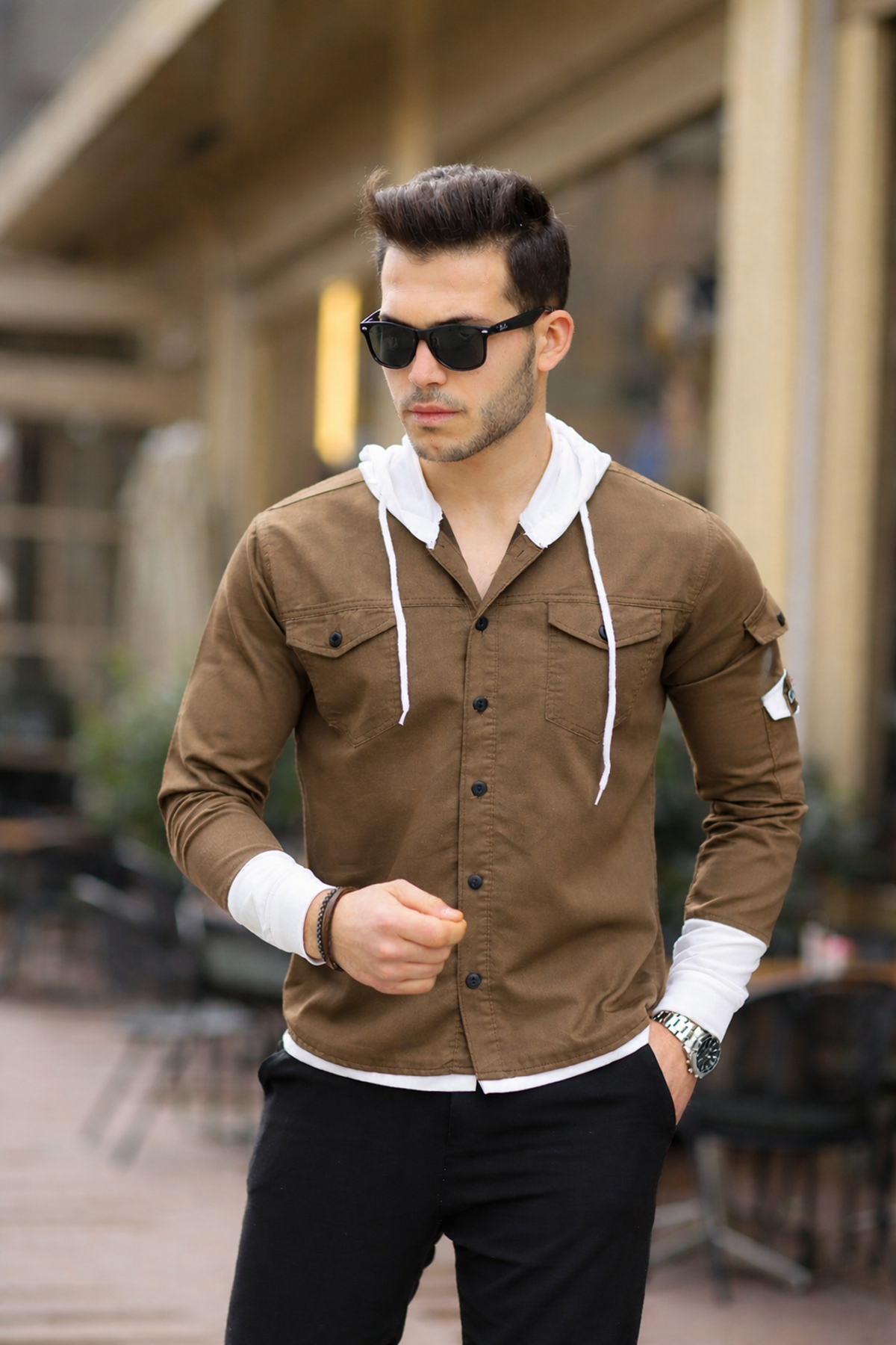 Erkek Slim Fit Penye Kapüşonlu Düğmeli Kot Gömlek