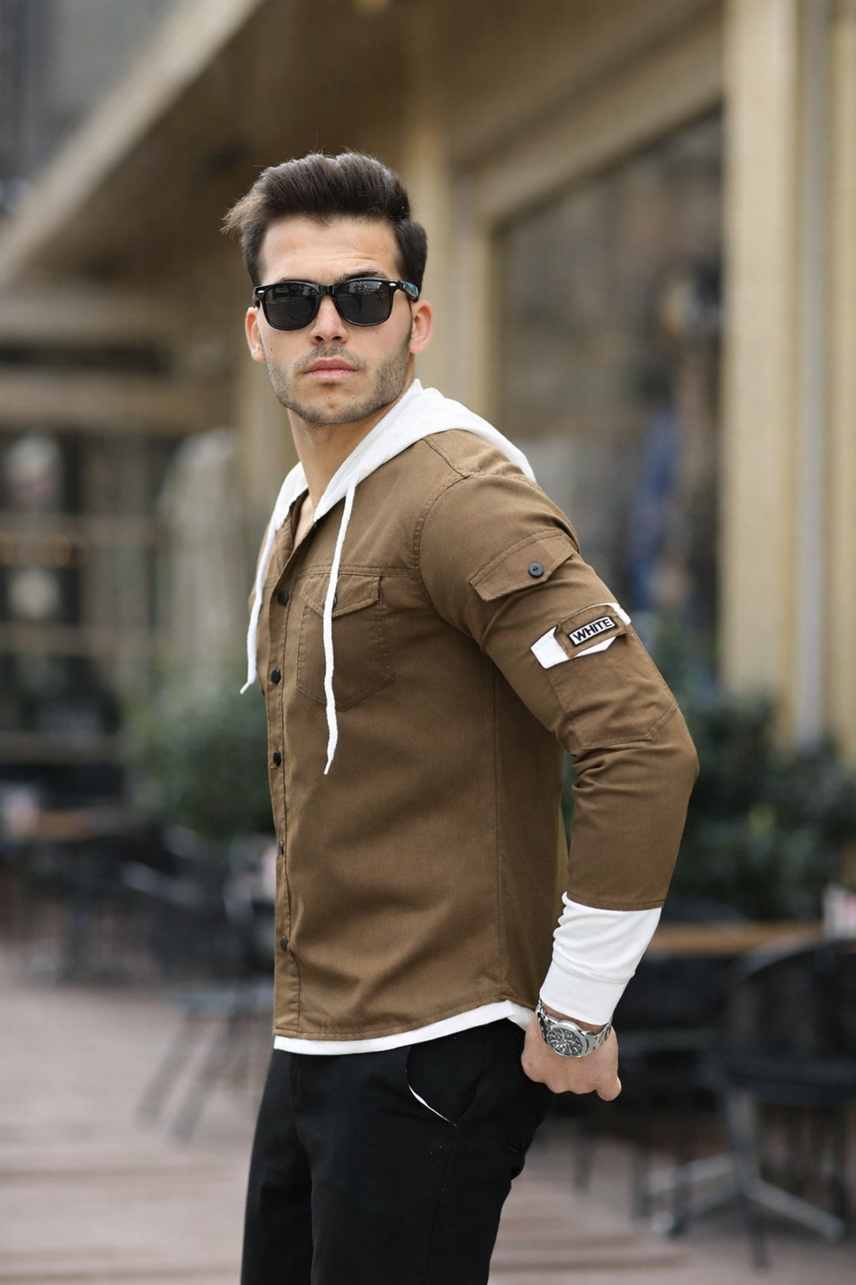 Erkek Slim Fit Penye Kapüşonlu Düğmeli Kot Gömlek