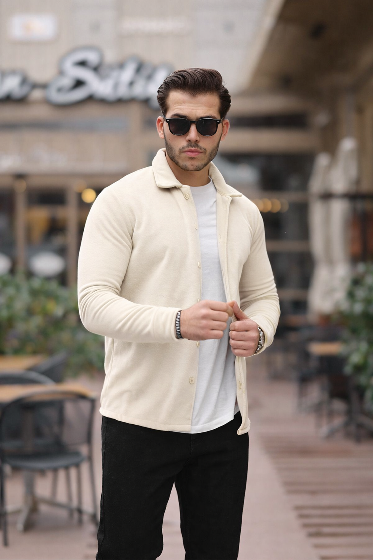 Erkek Basic Uzun Kol Dar Pamuklu Ekru Polar Gömlek