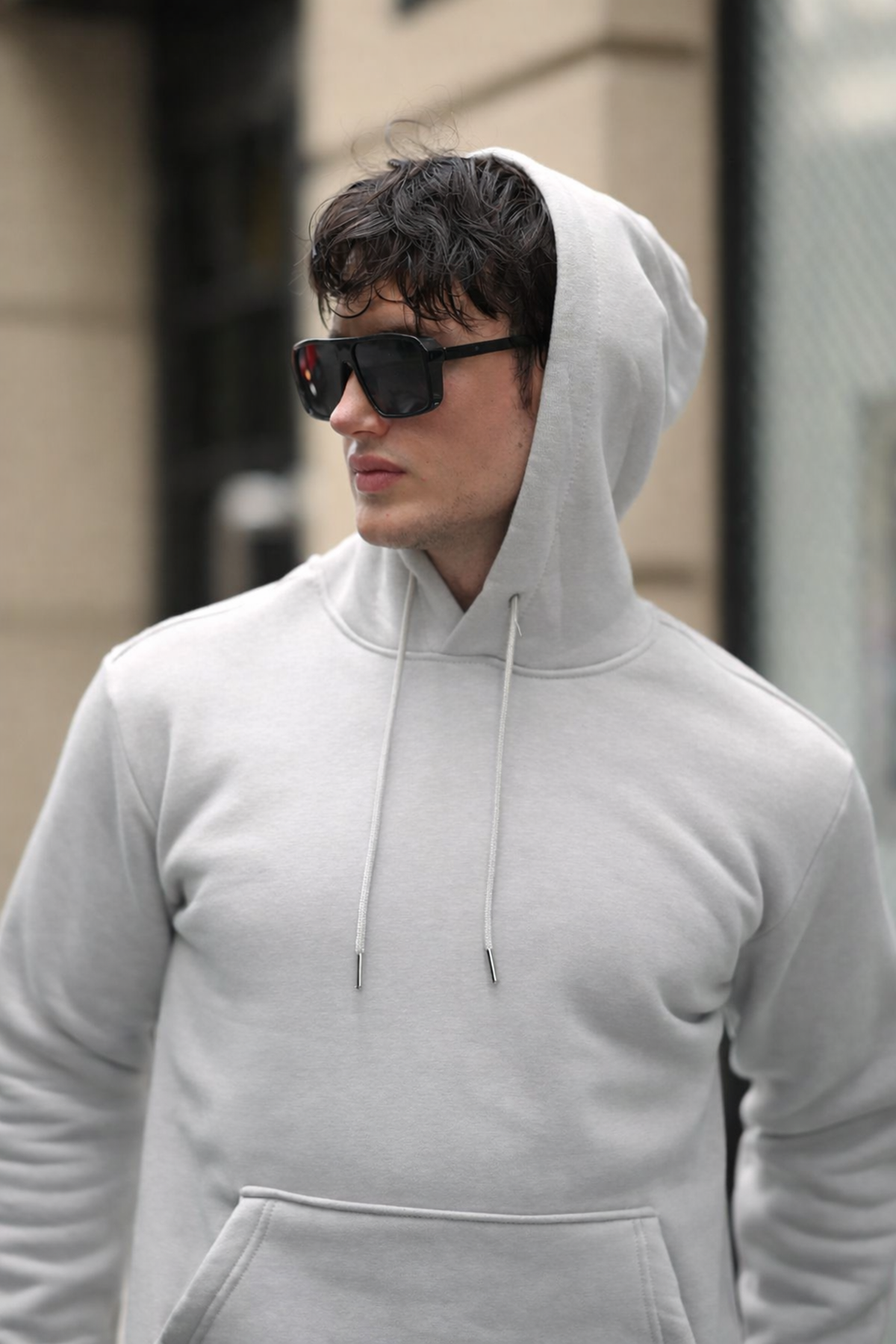 Erkek Kapşonlu Kanguru Cepli Basic Gri Sweatshirt