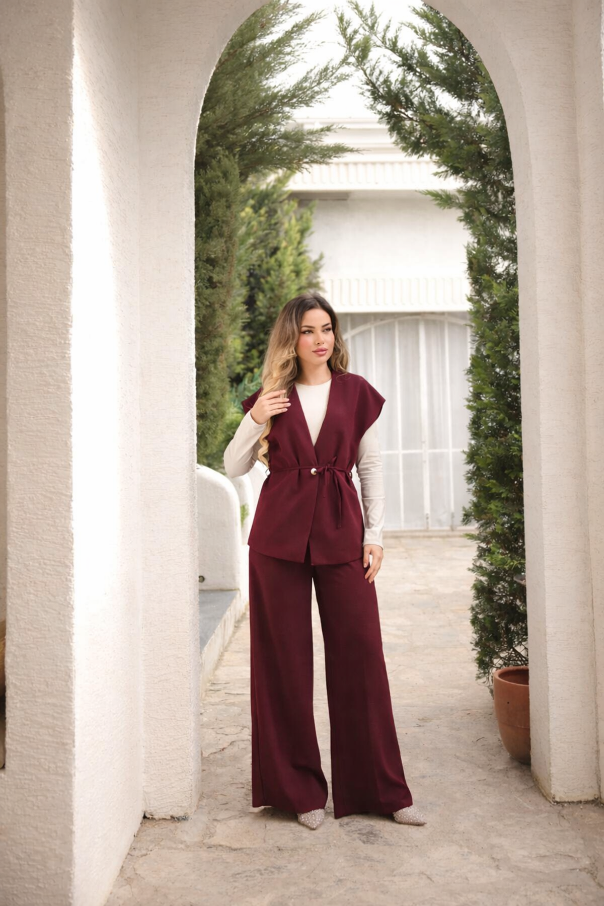 Kadın Şık Uzun Yelek Bol Paça Palazzo Pantolon Yelekli Takım