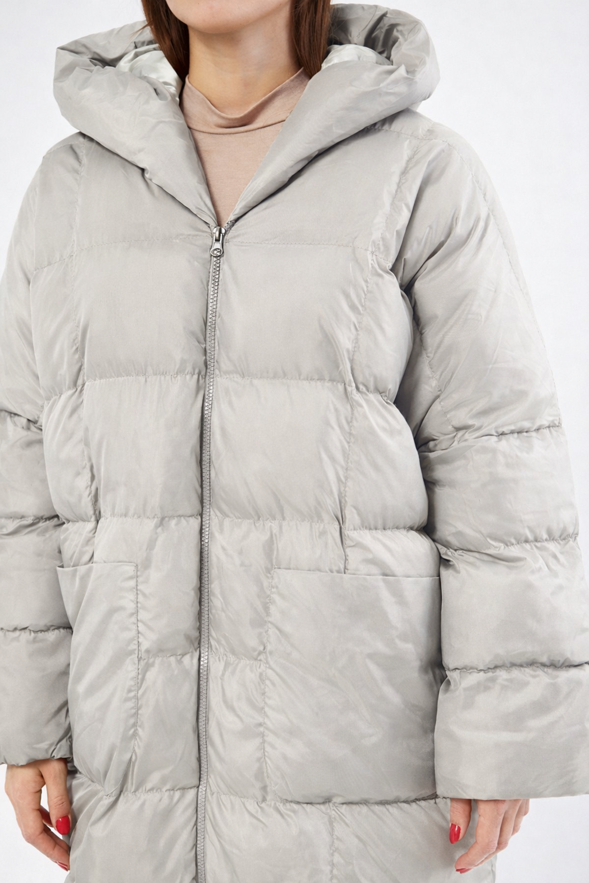 Kadın Gri Kapüşonlu Uzun Oversize Şişme Mont