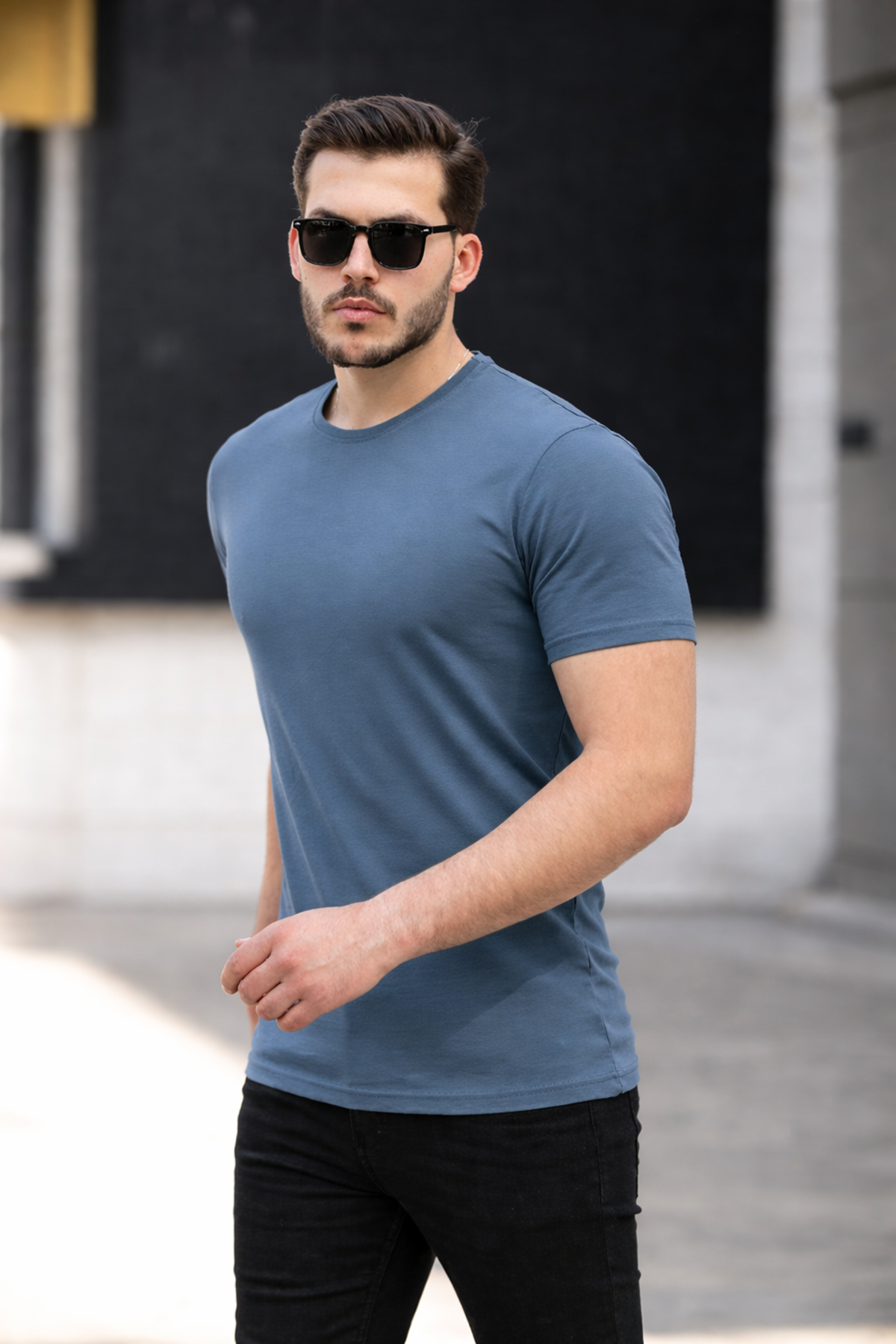 Erkek Basic Bisiklet Yaka Kısa Kollu Dar F.Mavi Tişört