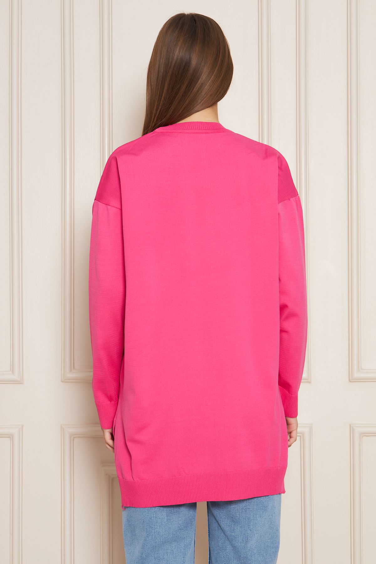 Kadın Bisiklet Yaka Yırtmaçlı Oversize Pembe Triko Kazak