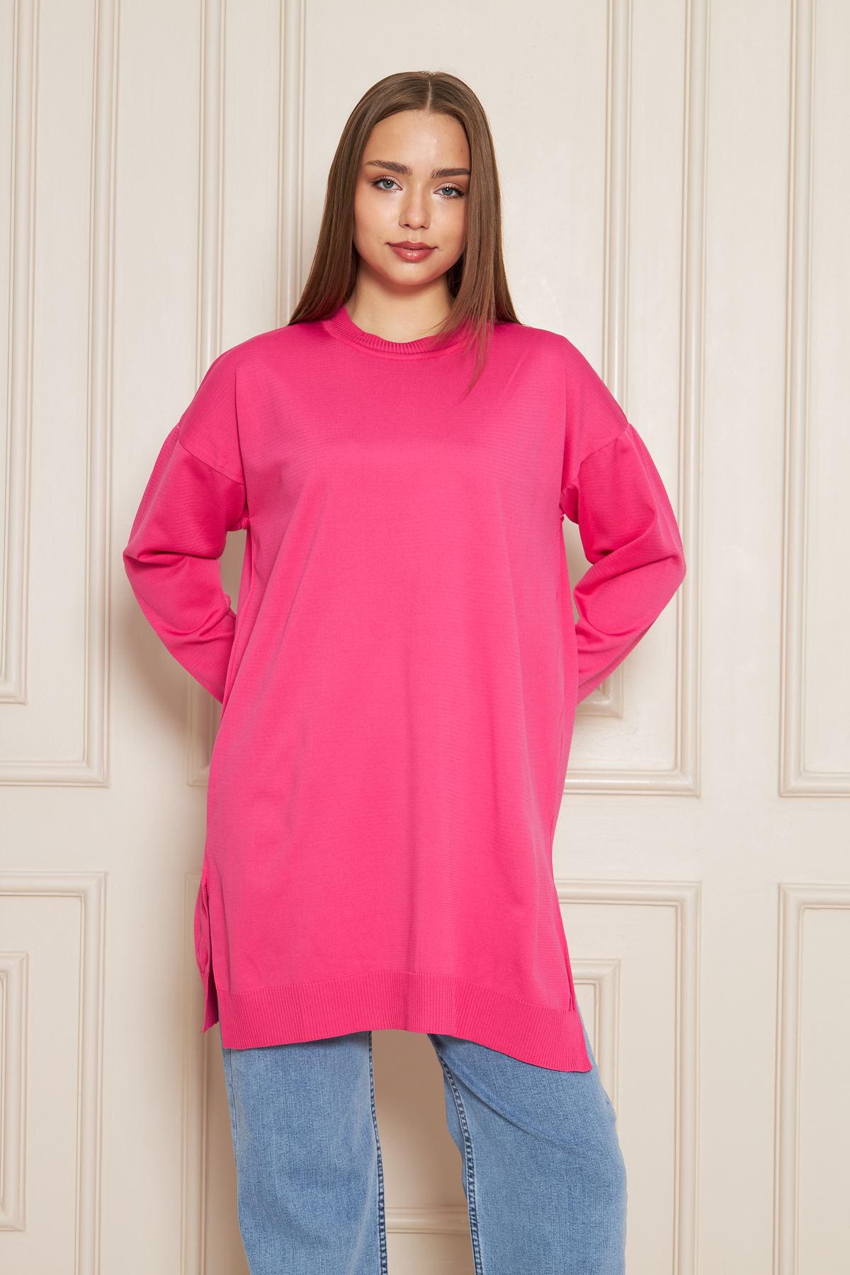 Kadın Bisiklet Yaka Yırtmaçlı Oversize Pembe Triko Kazak