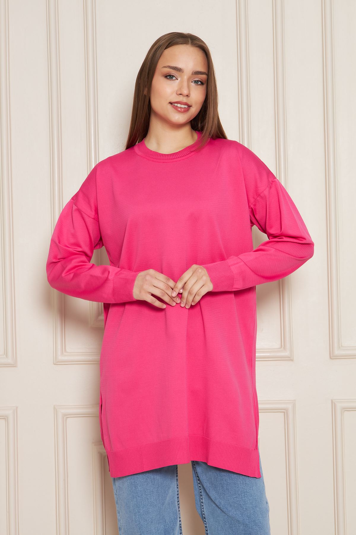 Kadın Bisiklet Yaka Yırtmaçlı Oversize Pembe Triko Kazak