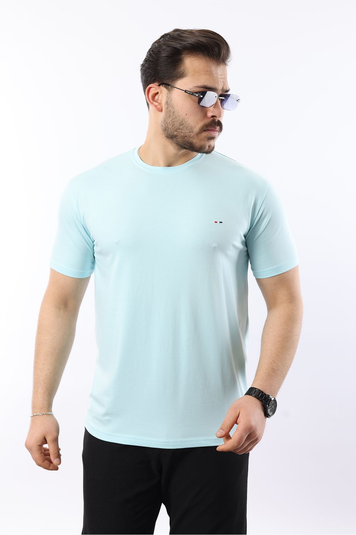 Erkek Kısa Kol Yazlık Bisiklet Yaka Dar Mint Tişört