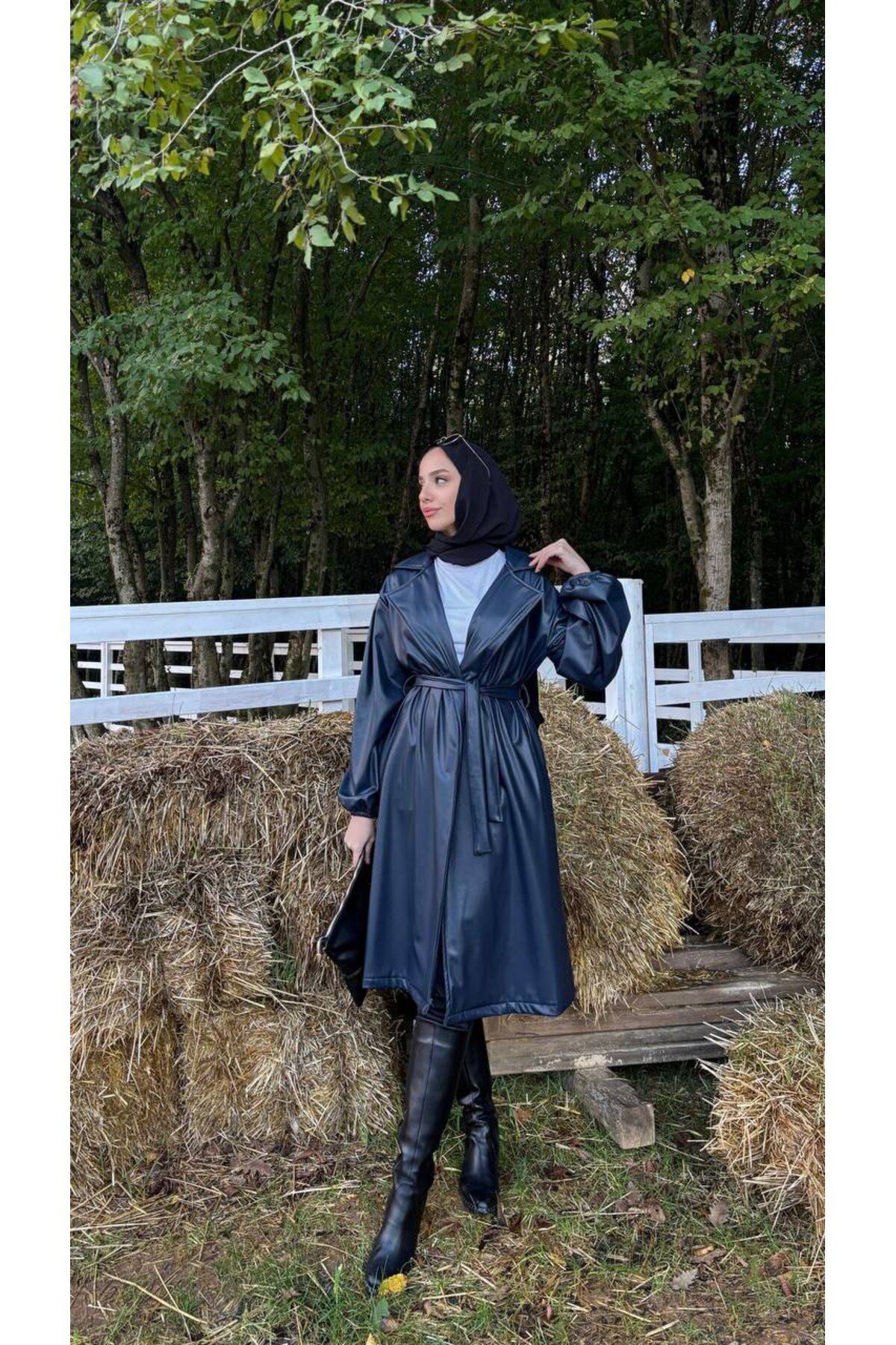 Kadın Belden Bağlamalı Balon Kol Deri Trenç