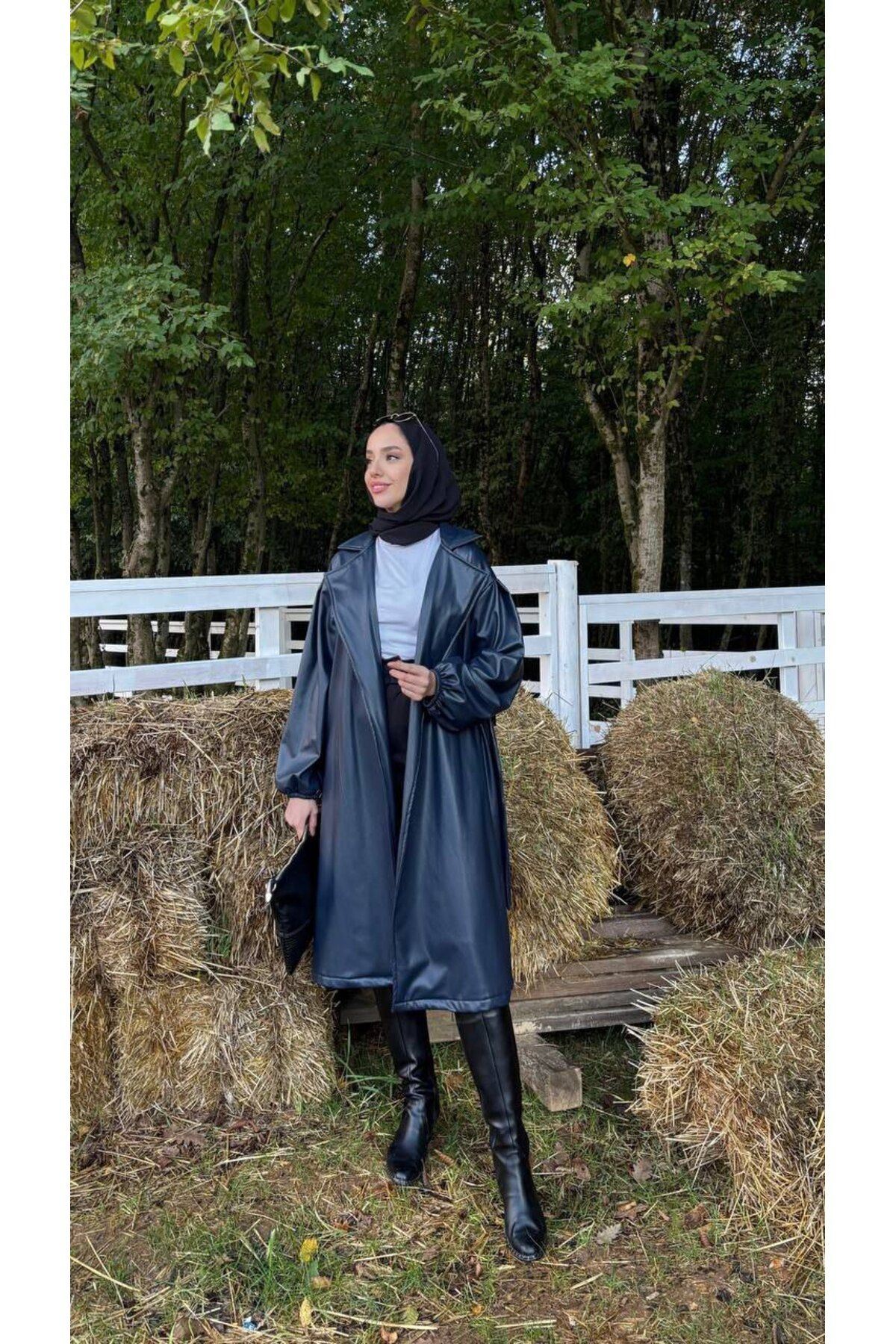 Kadın Belden Bağlamalı Balon Kol Deri Trenç