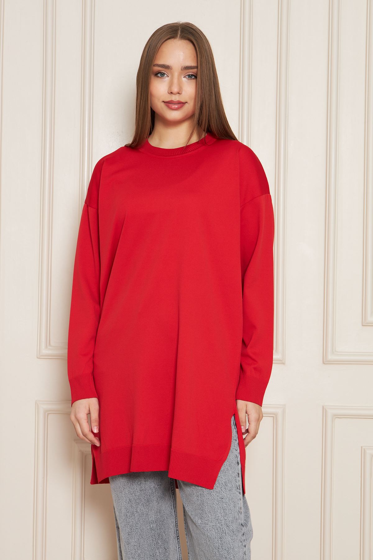 Kadın Bisiklet Yaka Yırtmaçlı Oversize Kırmızı Triko Kazak