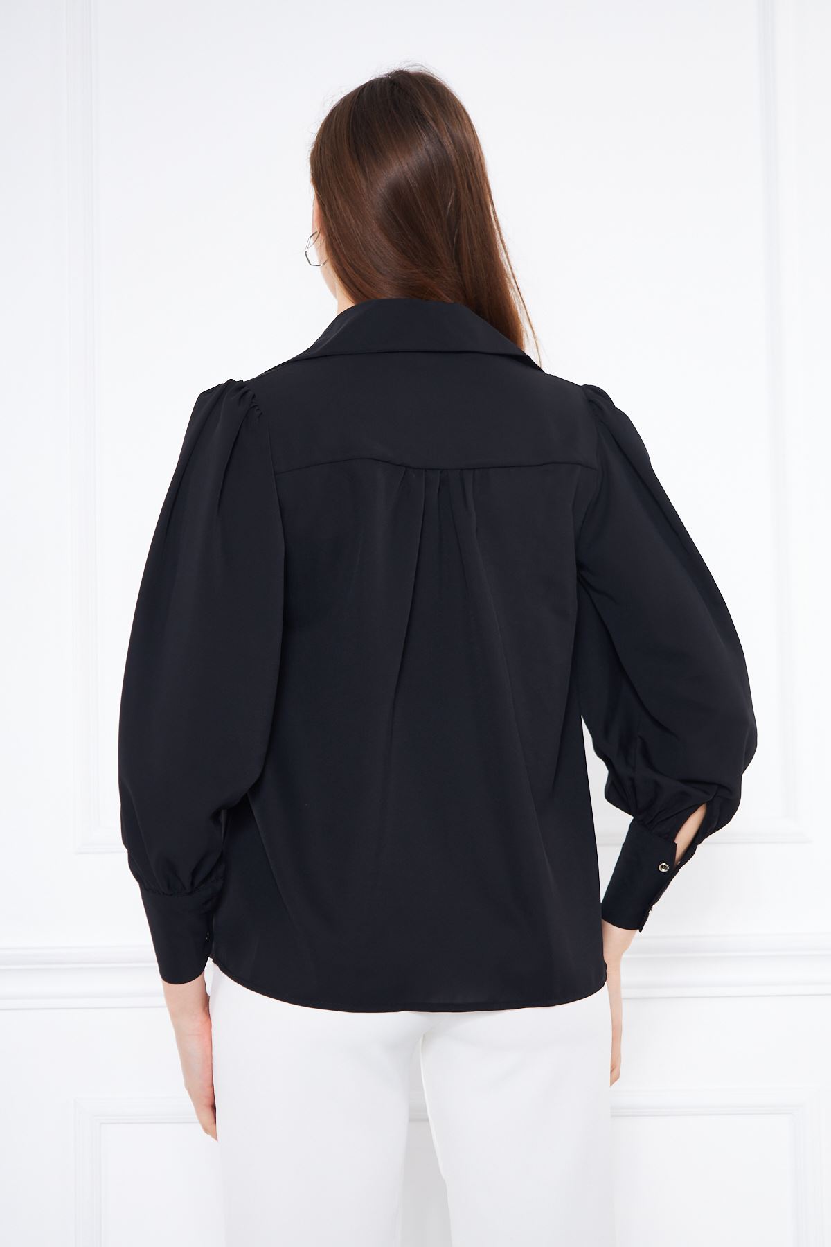 Kadın Trend Balon Kol Oversize Siyah Şık Bluz Gömlek