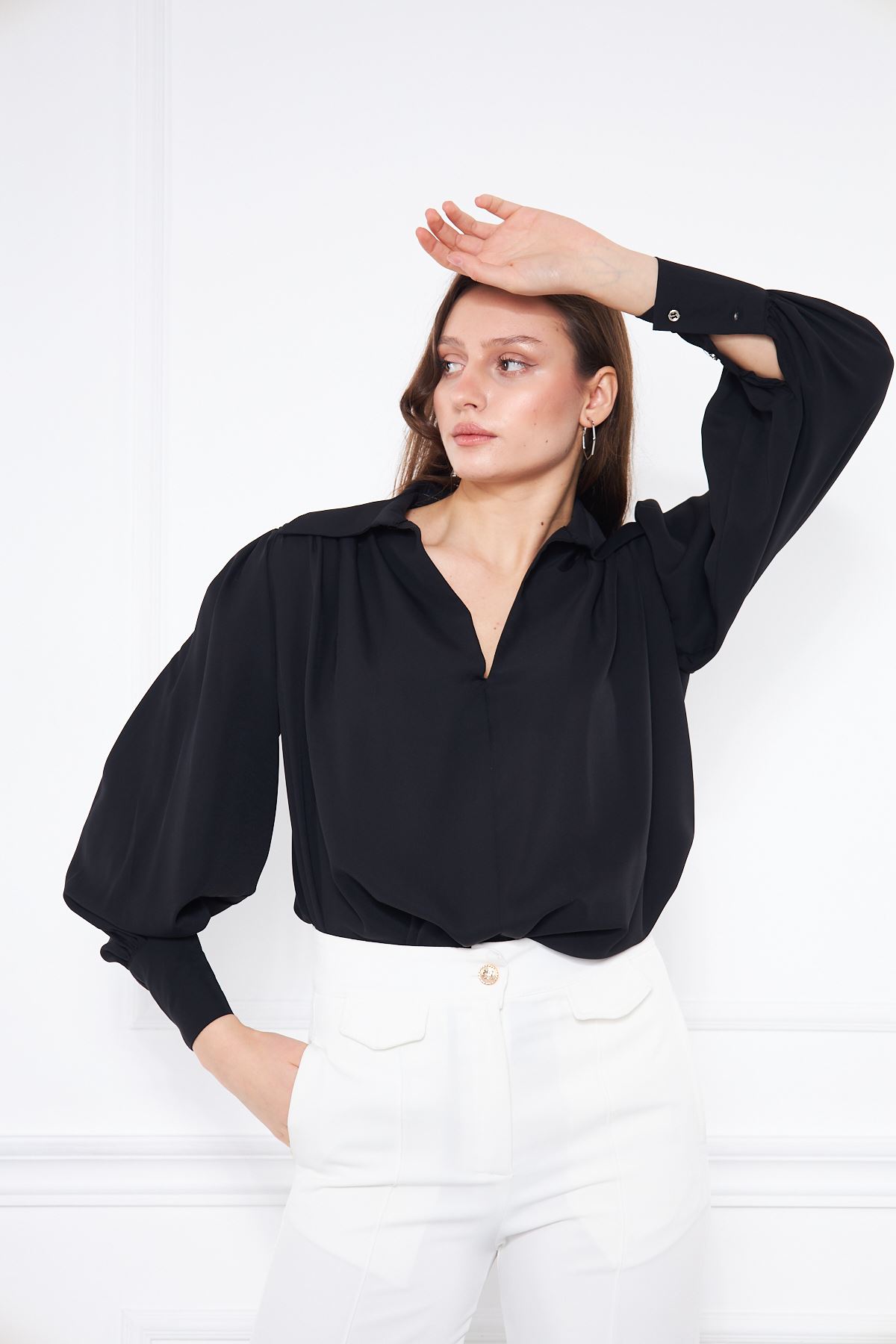 Kadın Trend Balon Kol Oversize Siyah Şık Bluz Gömlek