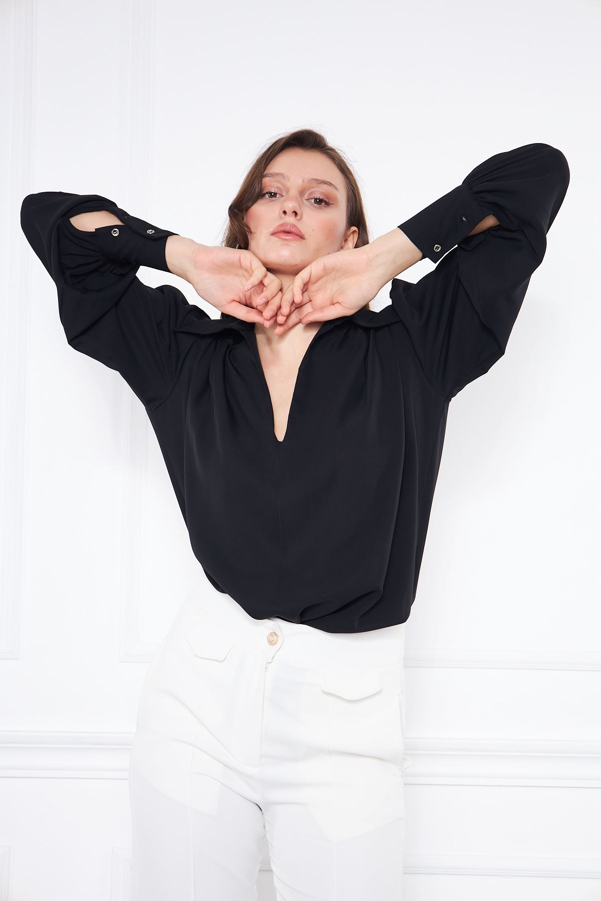 Kadın Trend Balon Kol Oversize Siyah Şık Bluz Gömlek