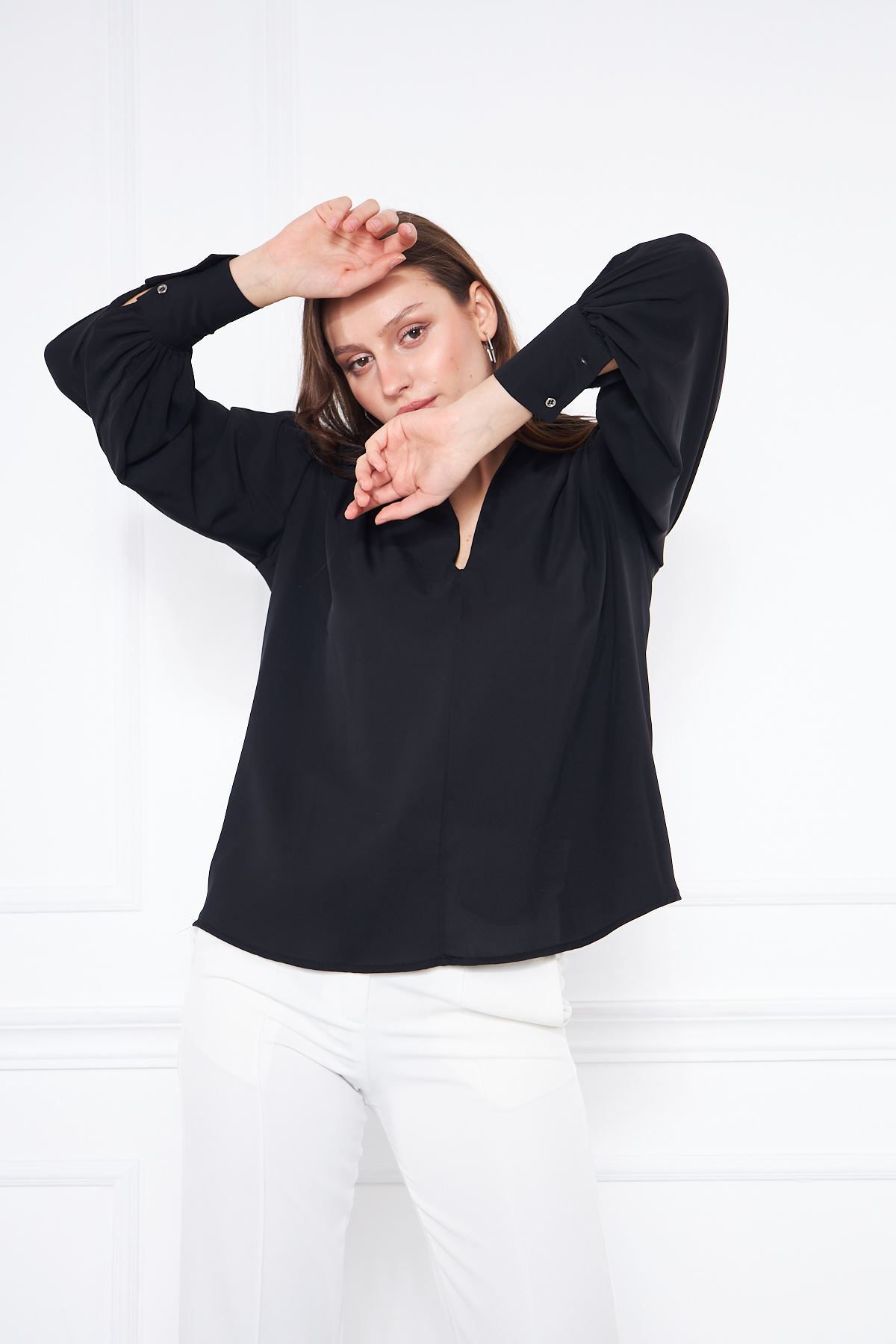 Kadın Trend Balon Kol Oversize Siyah Şık Bluz Gömlek