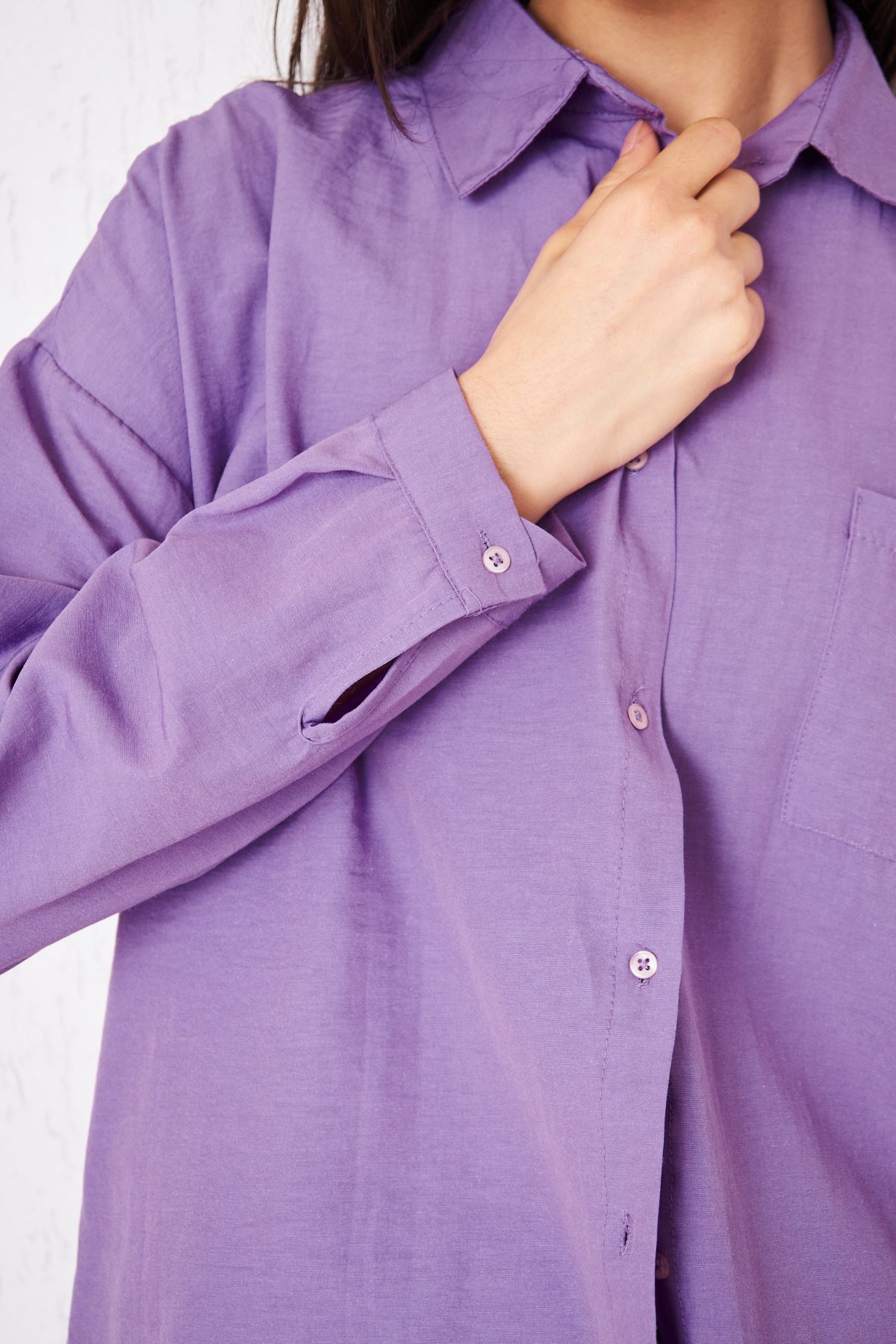 Kadın Cepli Trend Kollu Düğmeli Mor Tunik Gömlek