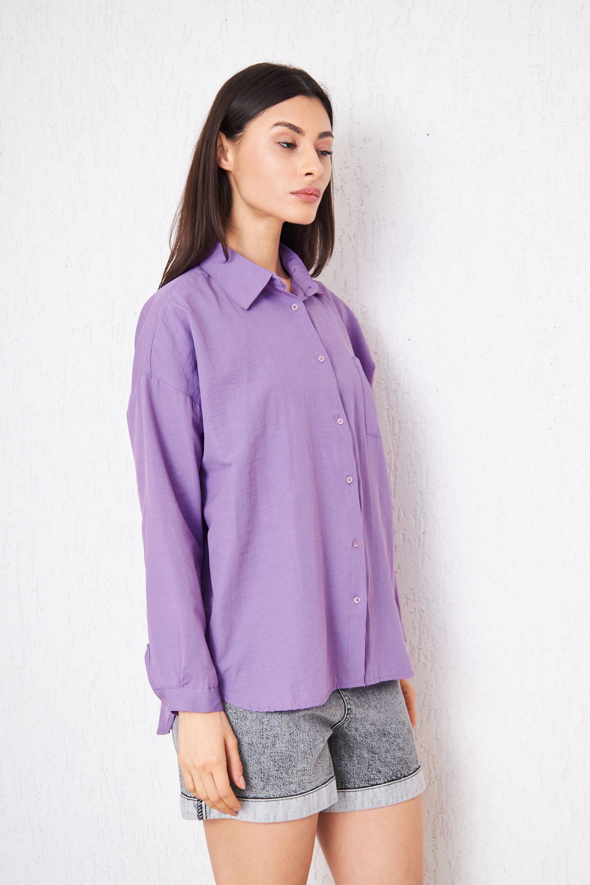 Kadın Cepli Trend Kollu Düğmeli Mor Tunik Gömlek