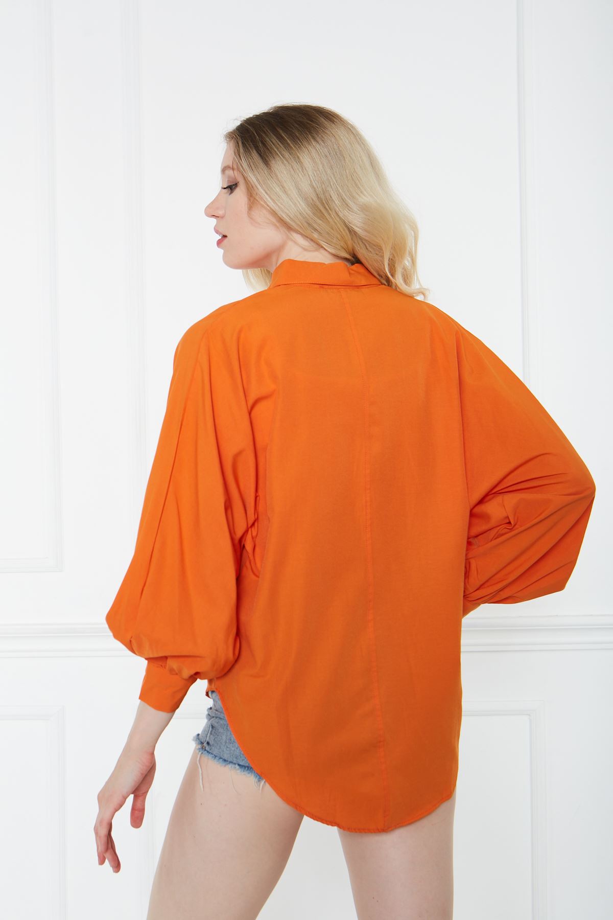 Kadın Trend Balon Kol Düğmeli Basic Turuncu Tunik Gömlek